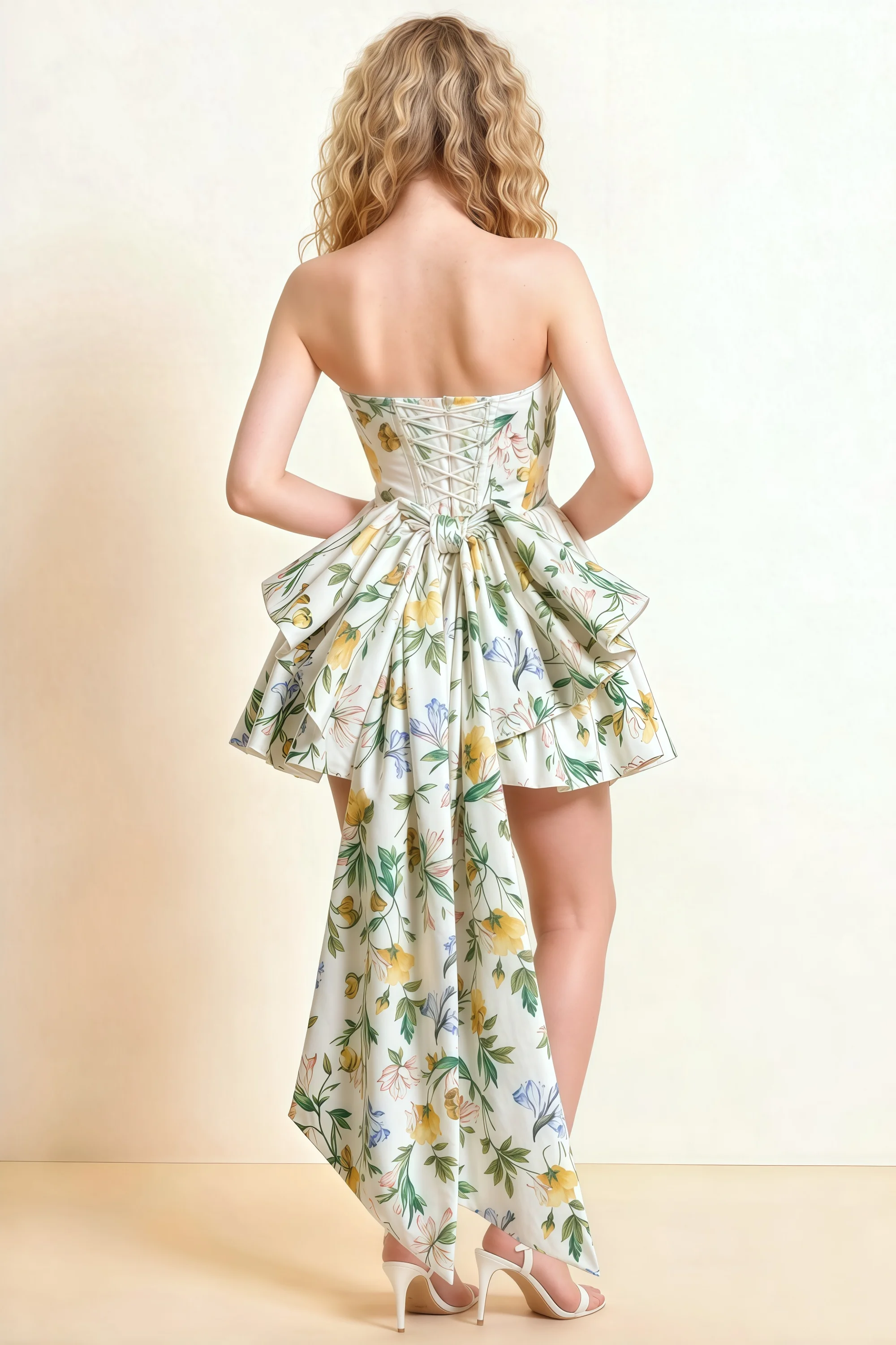 April Green and White Floral Satin Strapless Lace-up Mini Dress with Bow Secondary image