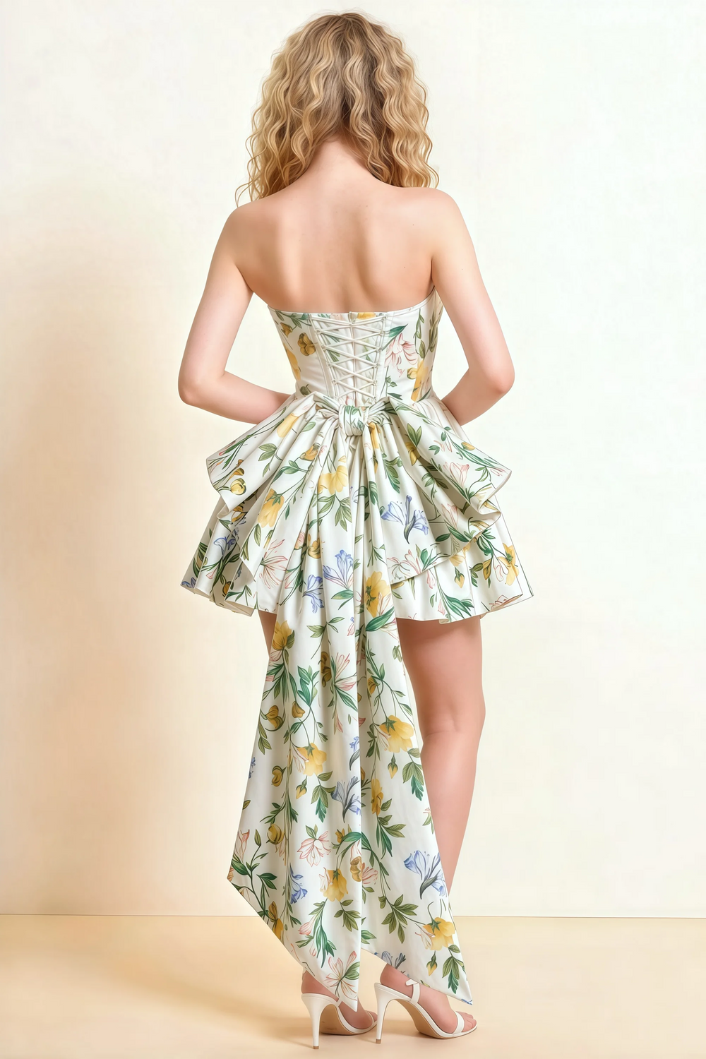 Translation missing: en.Back view of strapless green and white floral mini dress featuring lace-up corset design and dramatic high-low bow hem, elegant occasion wear. content.product_image_secondary
