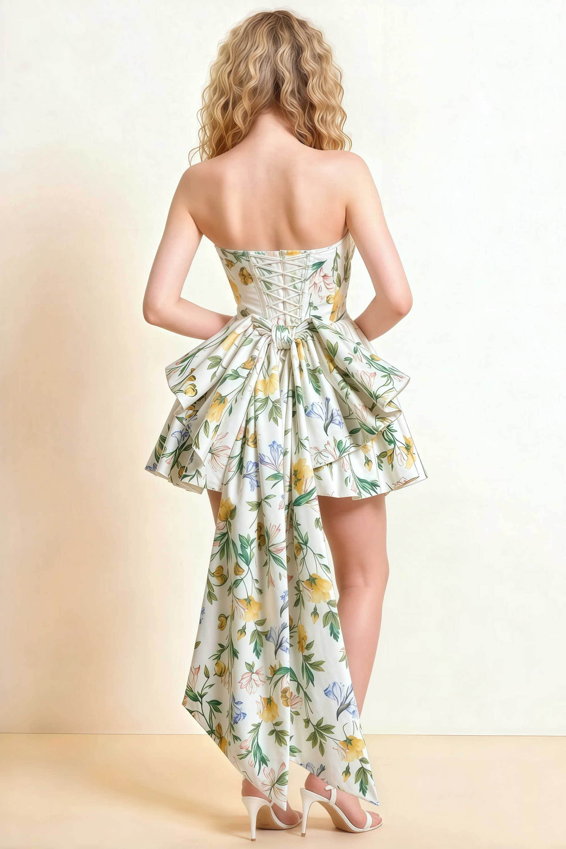 April Green and White Floral Satin Strapless Lace-up Mini Dress with Bow