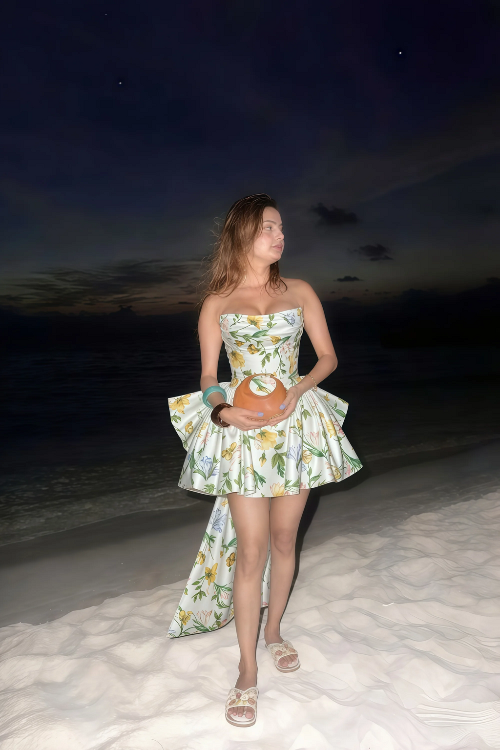 April Green and White Floral Satin Strapless Lace-up Mini Dress with Bow