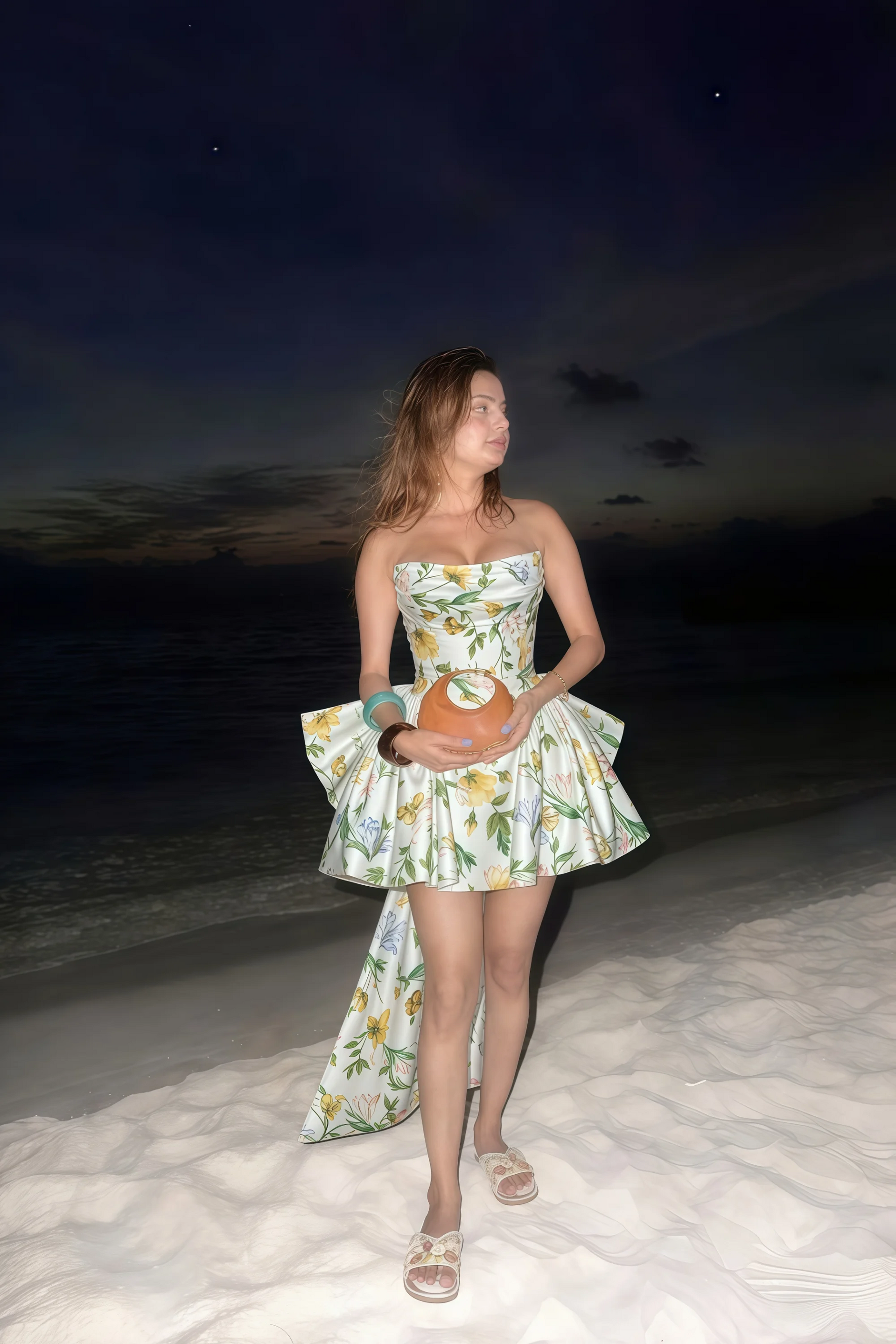 April Green and White Floral Satin Strapless Lace-up Mini Dress with Bow