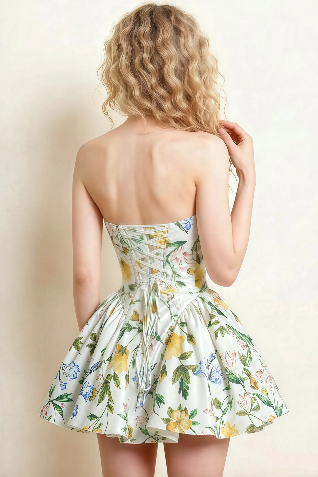 April Green and White Floral Satin Strapless Lace-up Mini Dress with Bow