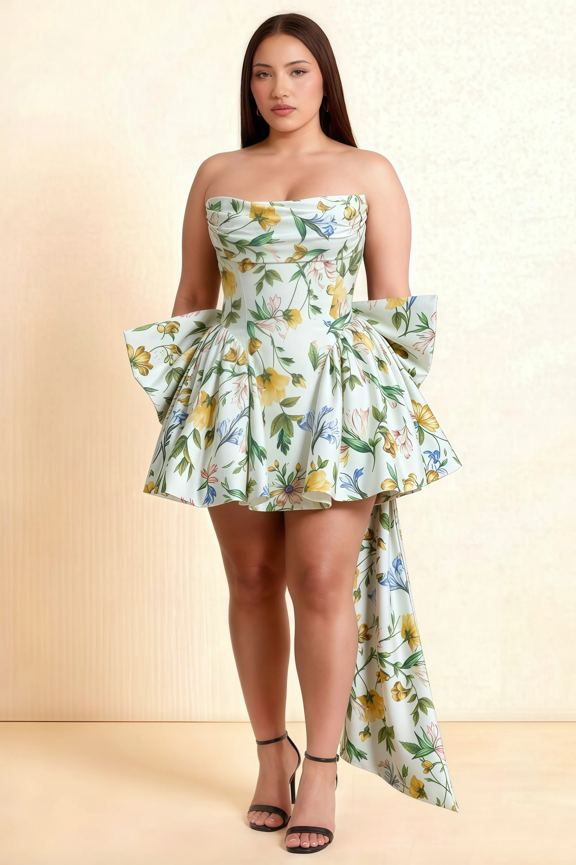 April Green and White Floral Satin Strapless Lace-up Mini Dress with Bow