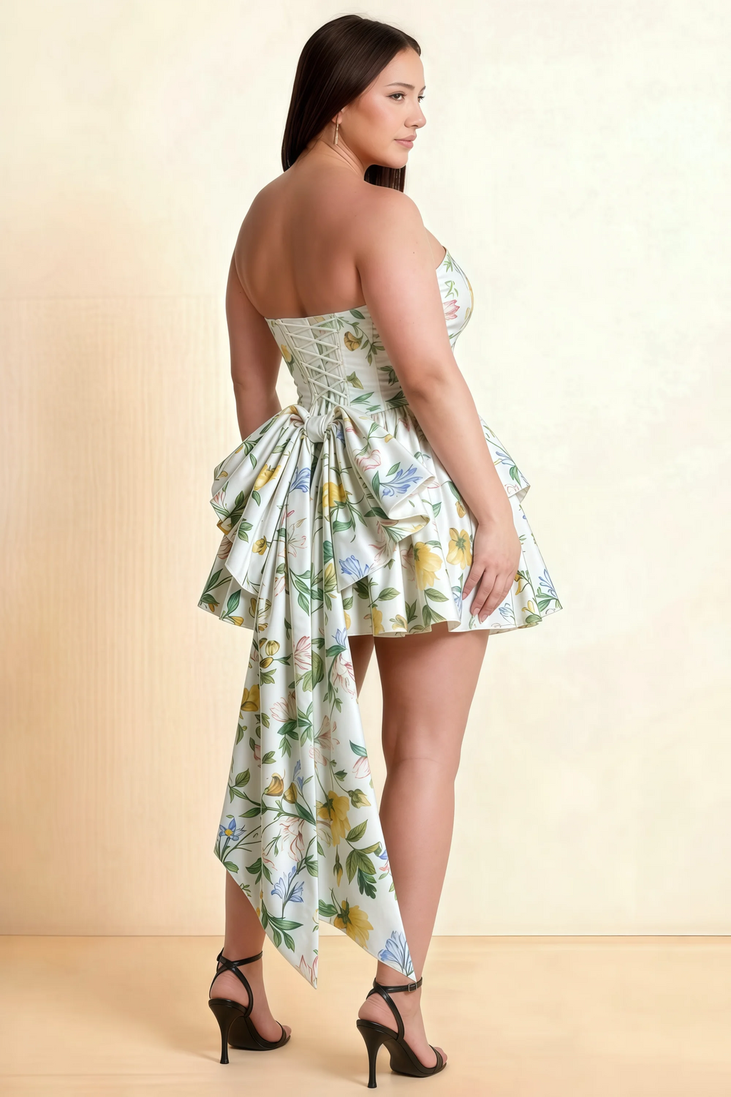 April Green and White Floral Satin Strapless Lace-up Mini Dress with Bow