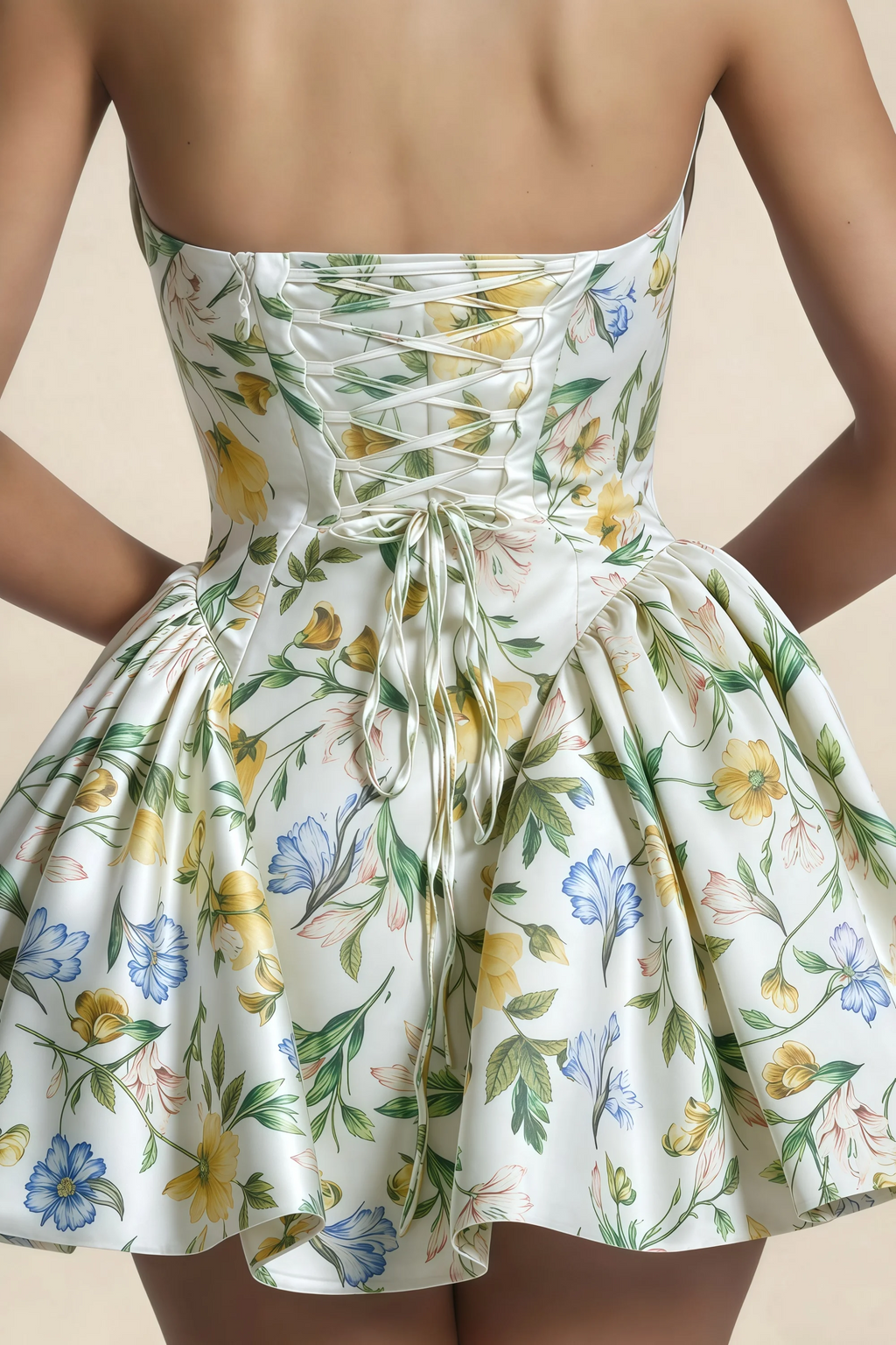 April Green and White Floral Satin Strapless Lace-up Mini Dress with Bow