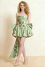 April Green Floral Satin Strapless Lace-up Mini Dress with Bow