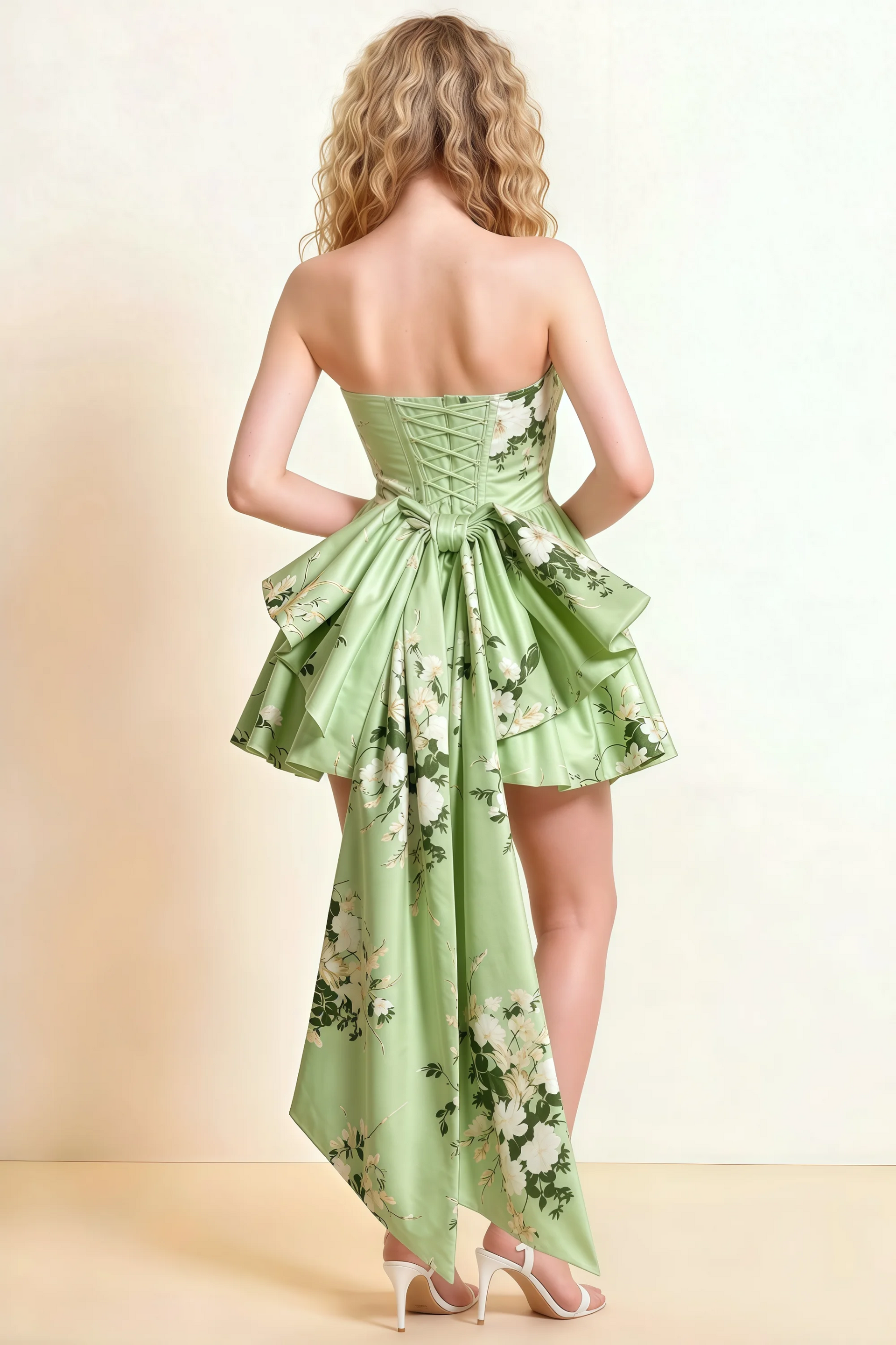 April Green Floral Satin Strapless Lace-up Mini Dress with Bow