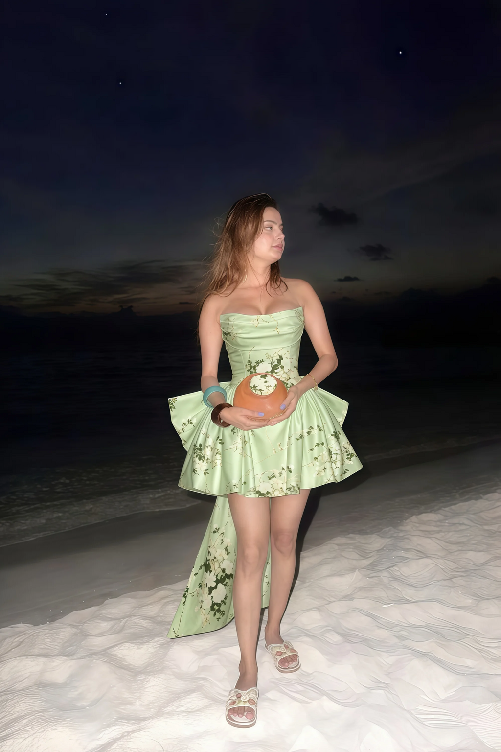 April Green Floral Satin Strapless Lace-up Mini Dress with Bow