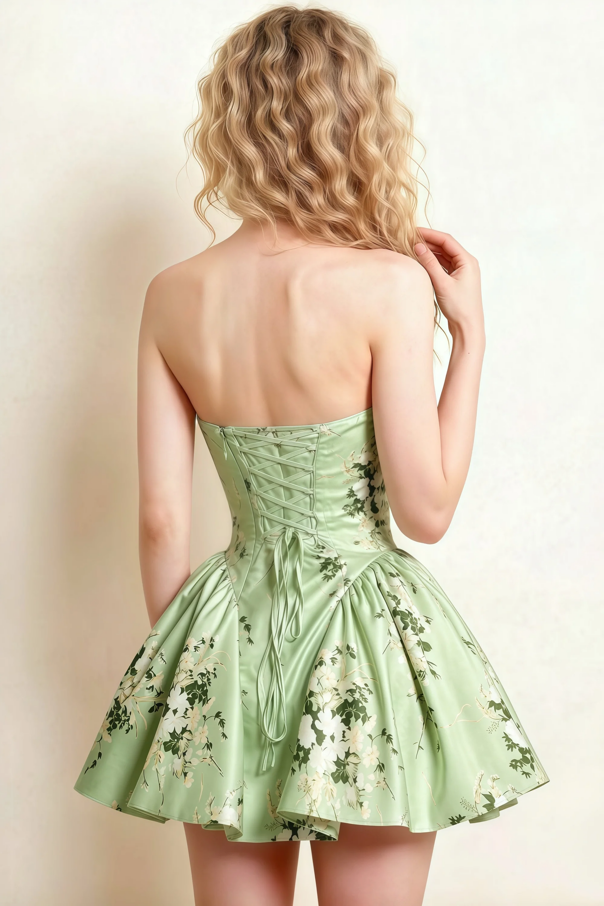 April Green Floral Satin Strapless Lace-up Mini Dress with Bow