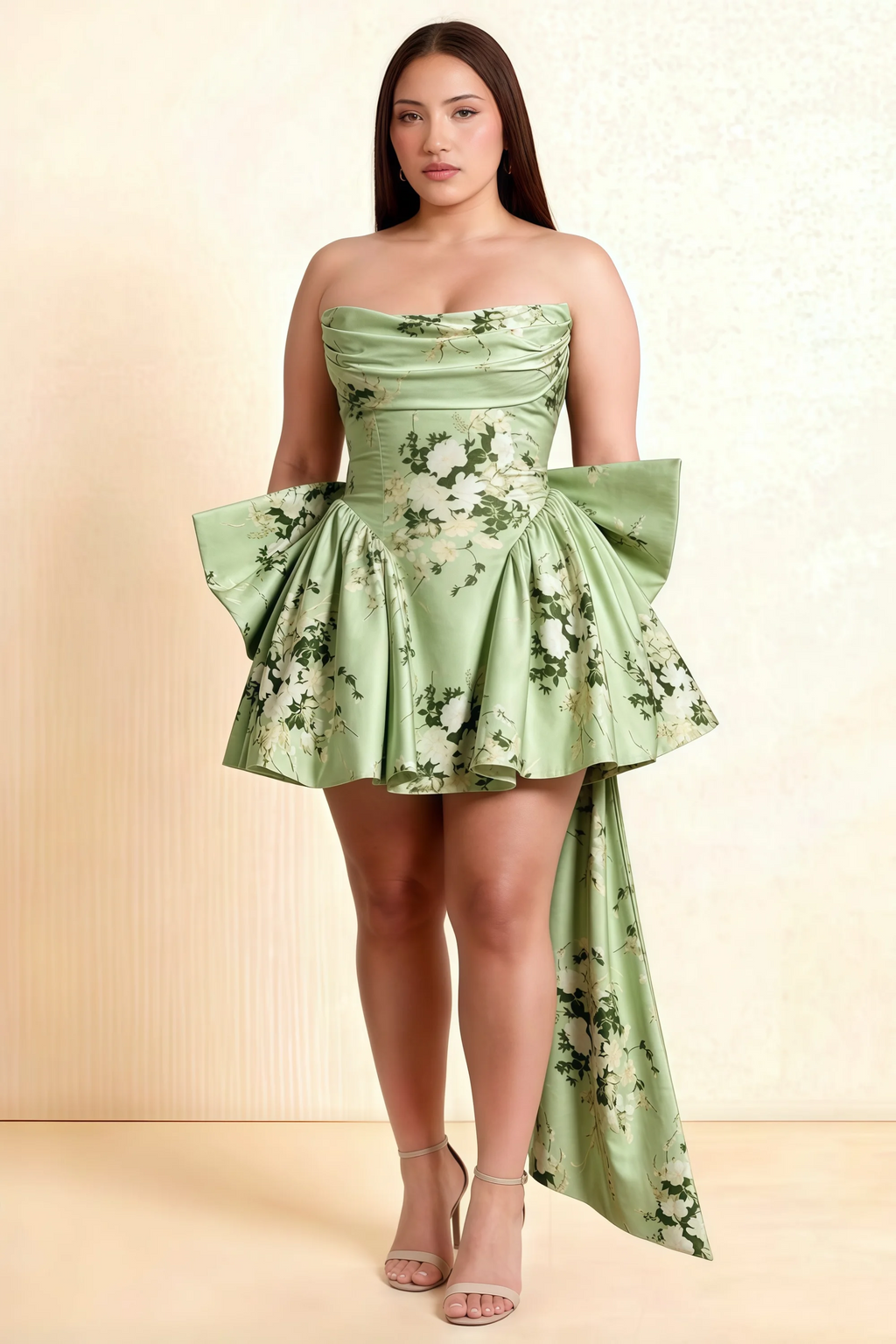 April Green Floral Satin Strapless Lace-up Mini Dress with Bow