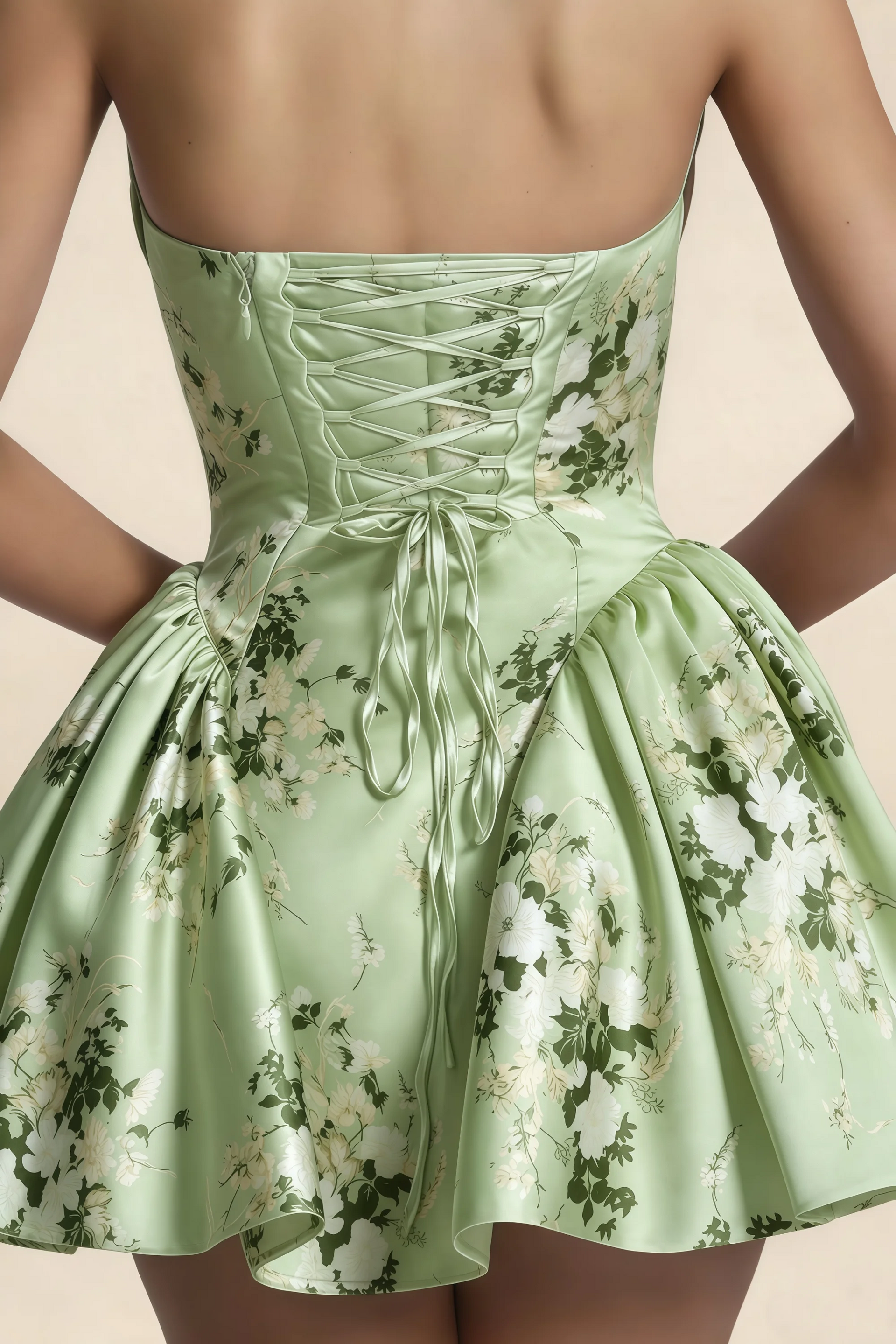 April Green Floral Satin Strapless Lace-up Mini Dress with Bow