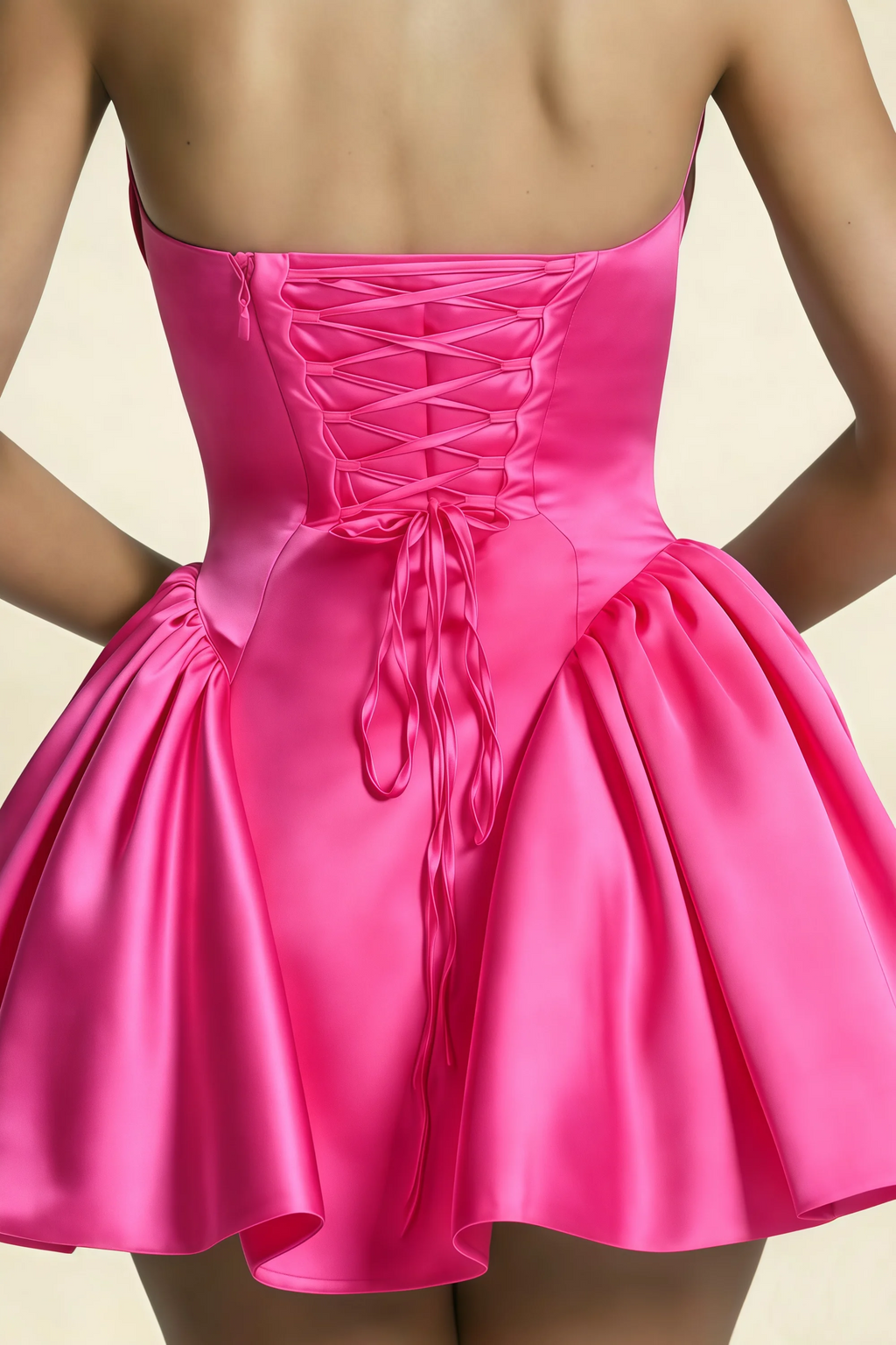 April Hot Pink Satin Strapless Lace-up Mini Dress with Bow