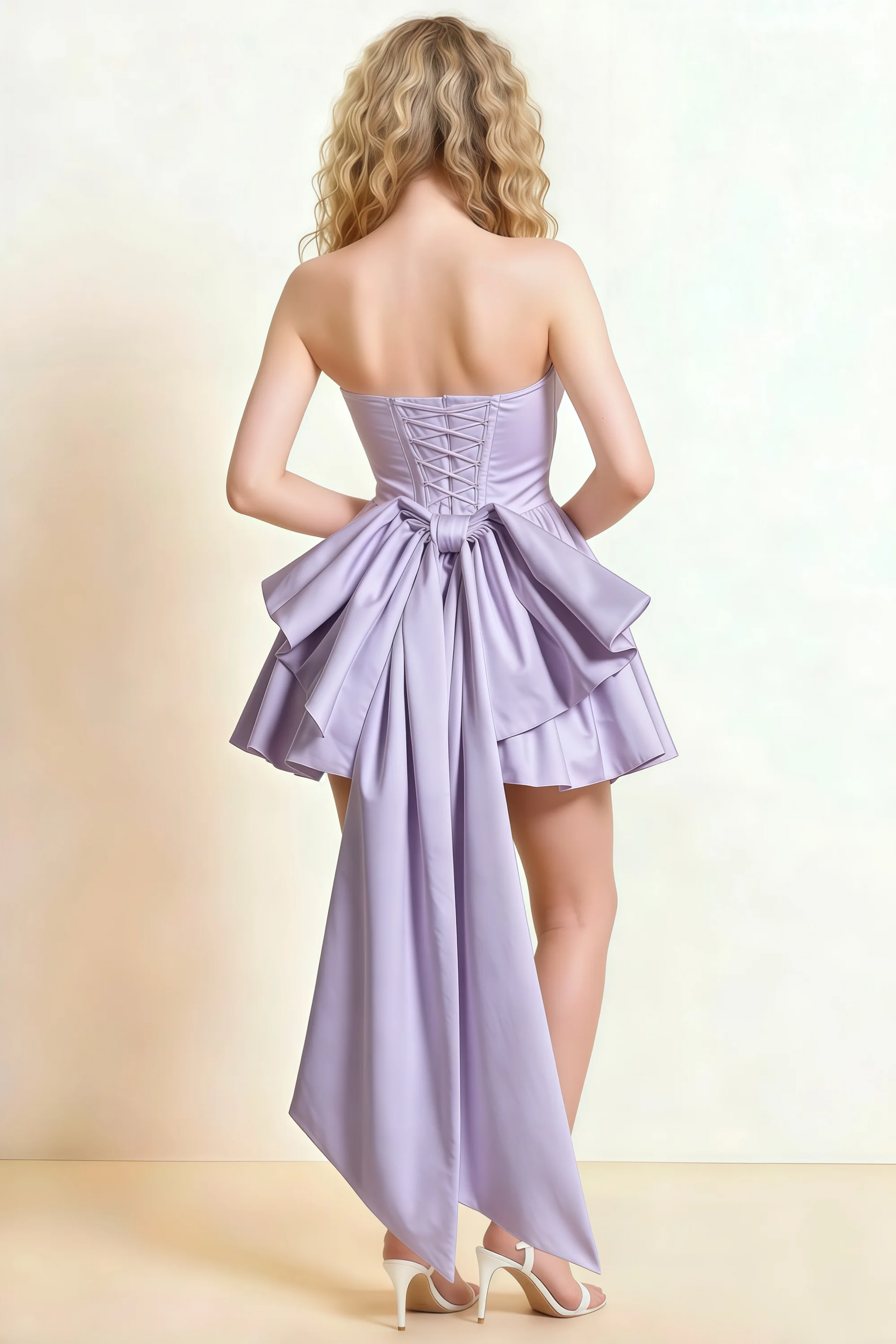 April Lavender Satin Strapless Lace-up Mini Dress with Bow