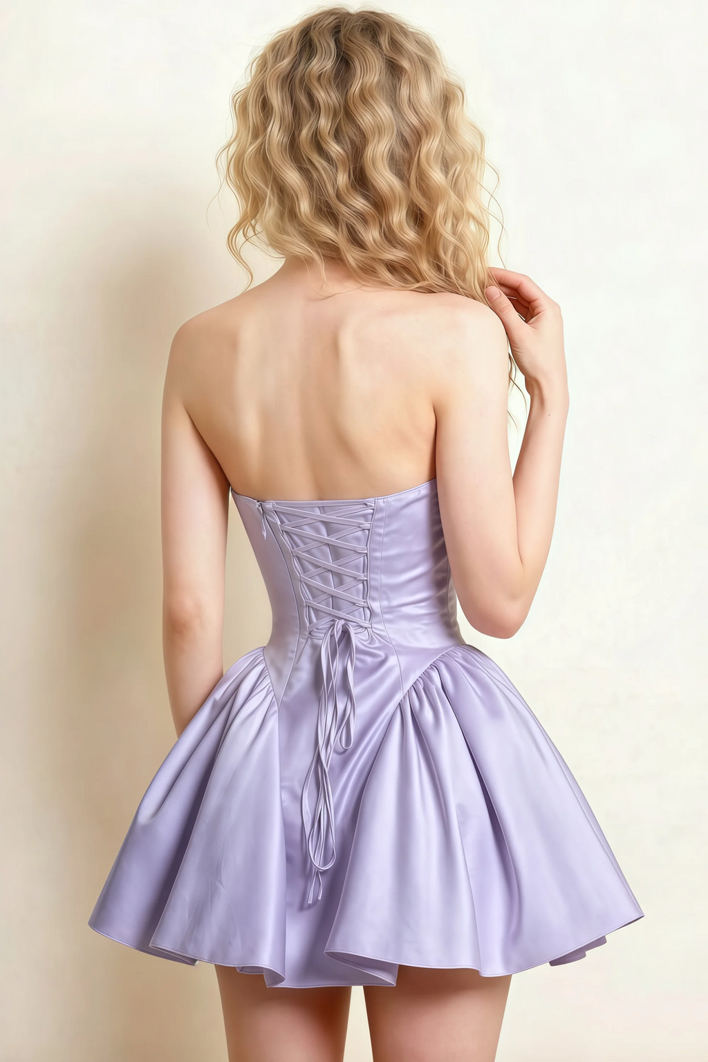 April Lavender Satin Strapless Lace-up Mini Dress with Bow