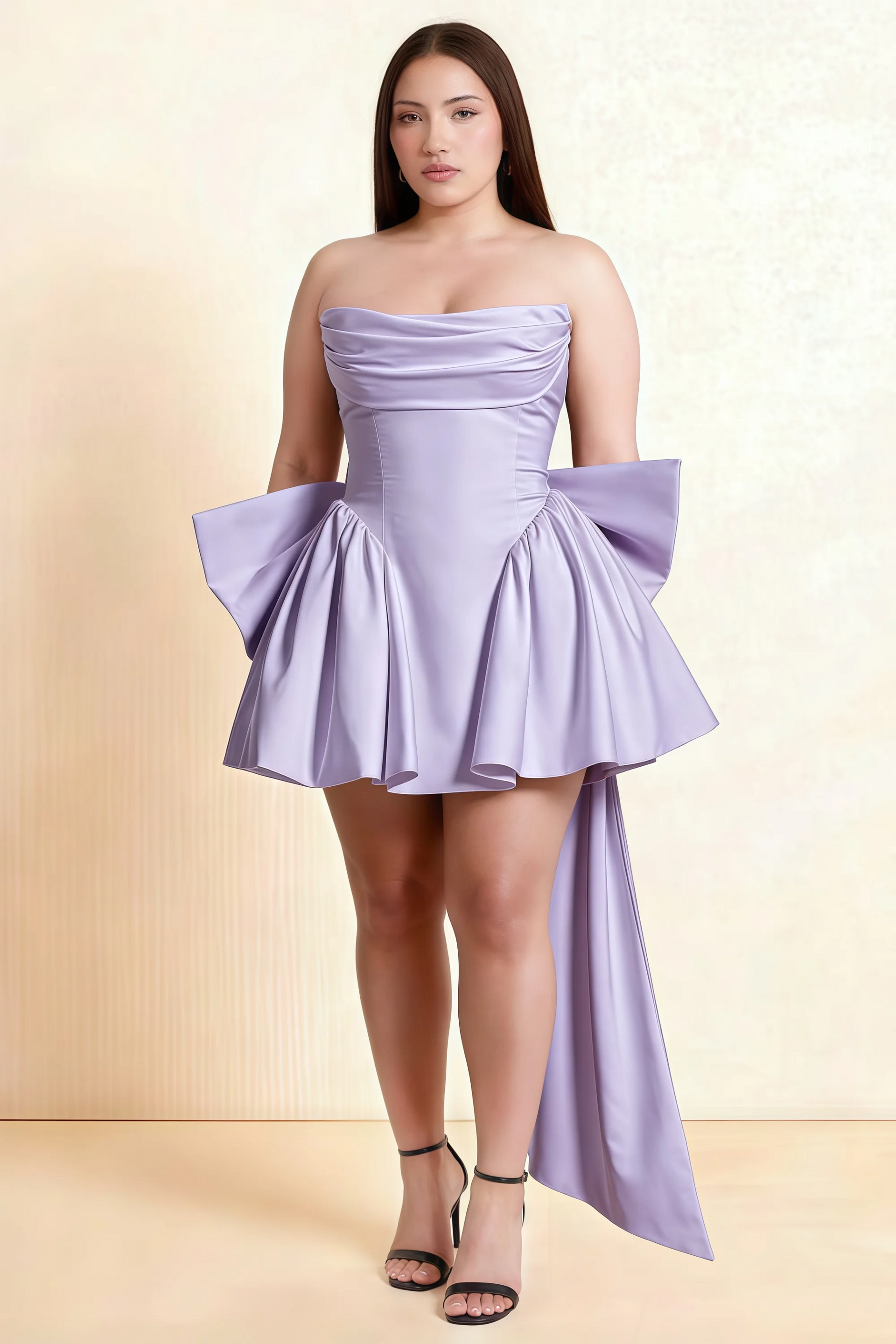April Lavender Satin Strapless Lace-up Mini Dress with Bow