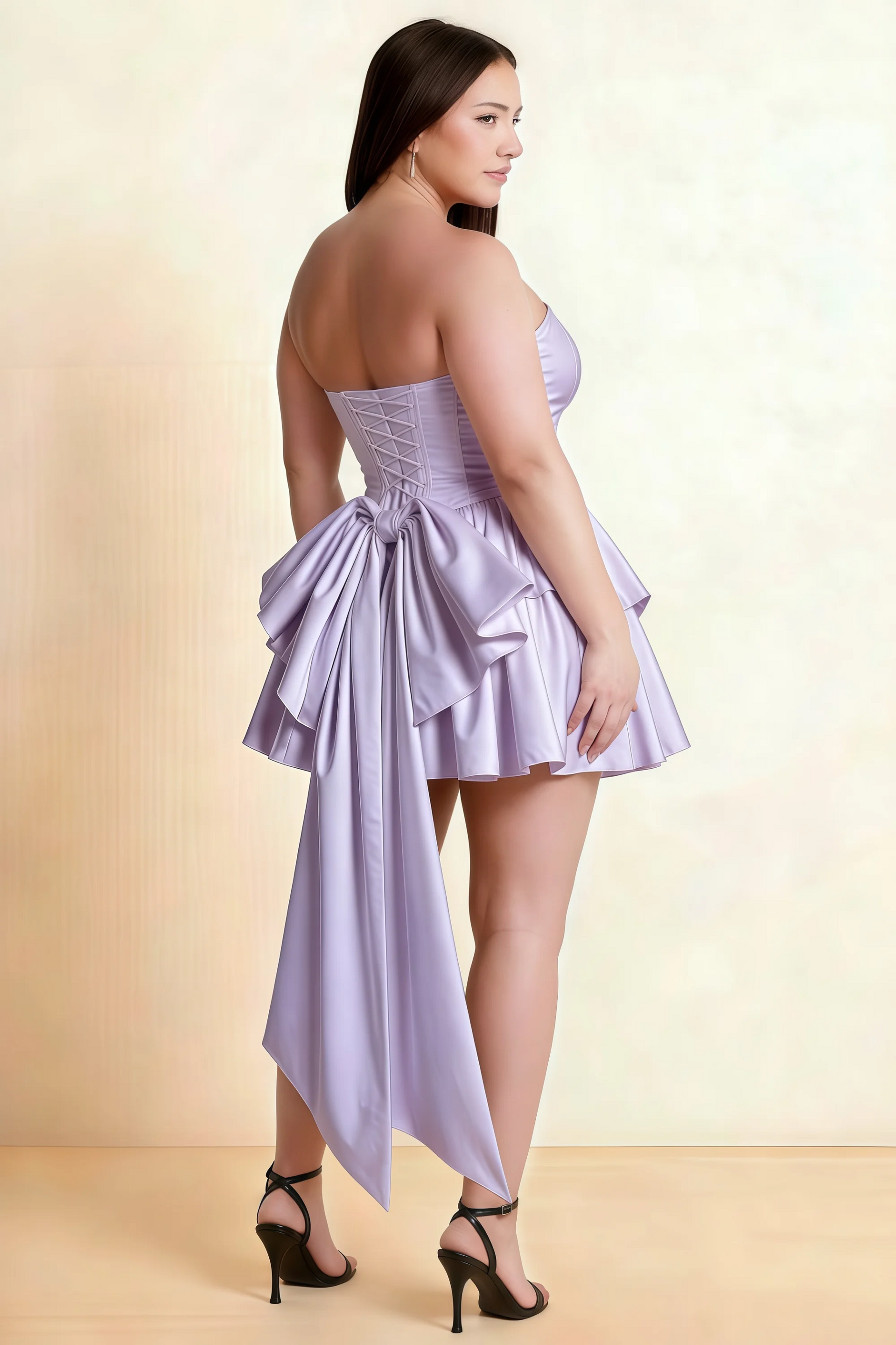 April Lavender Satin Strapless Lace-up Mini Dress with Bow