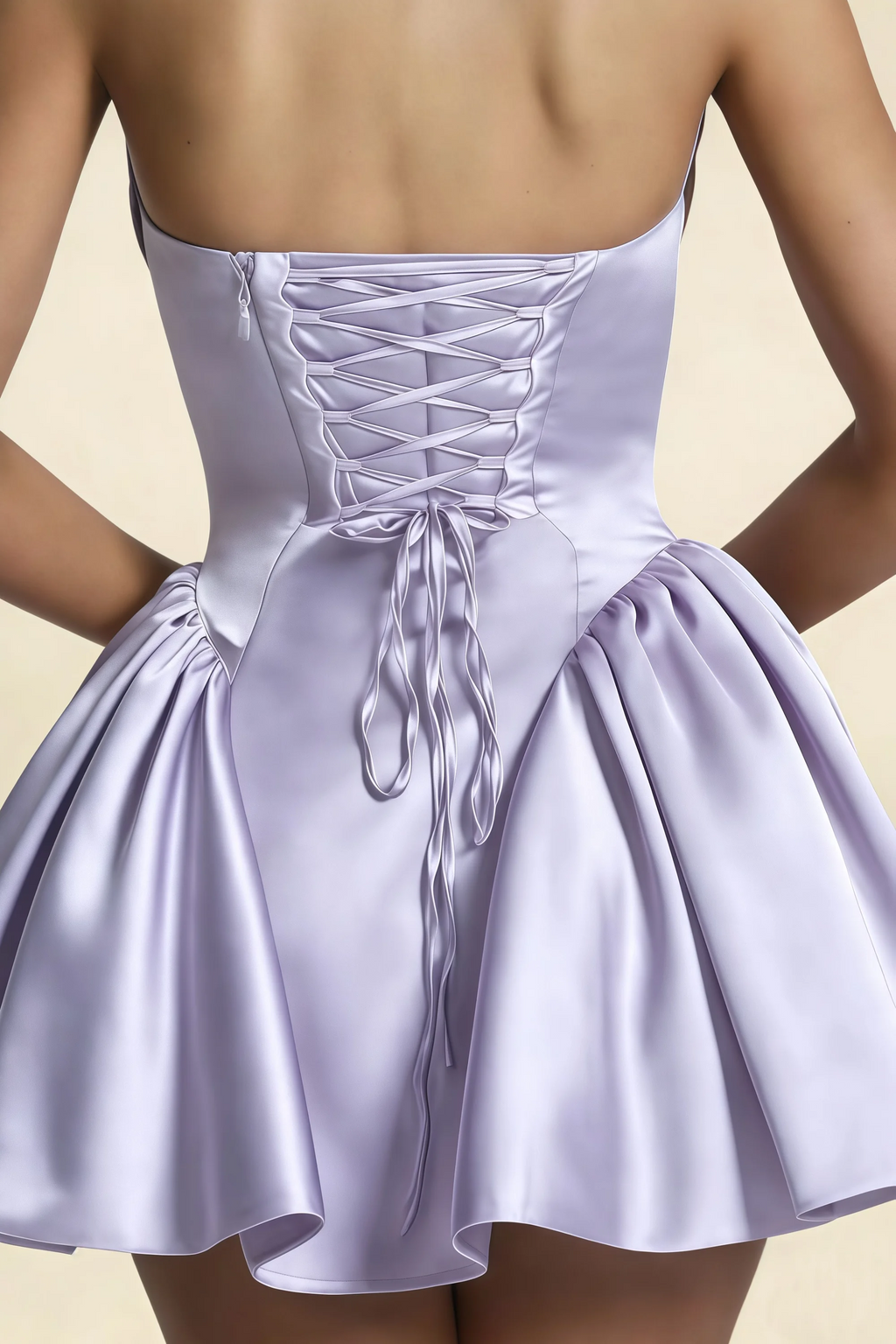 April Lavender Satin Strapless Lace-up Mini Dress with Bow