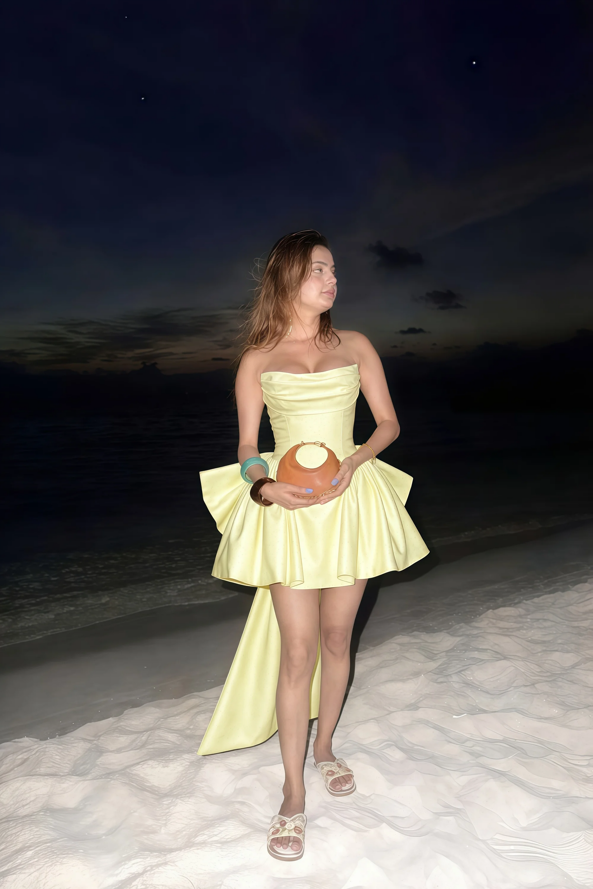April Lemon Satin Strapless Lace-up Mini Dress with Bow