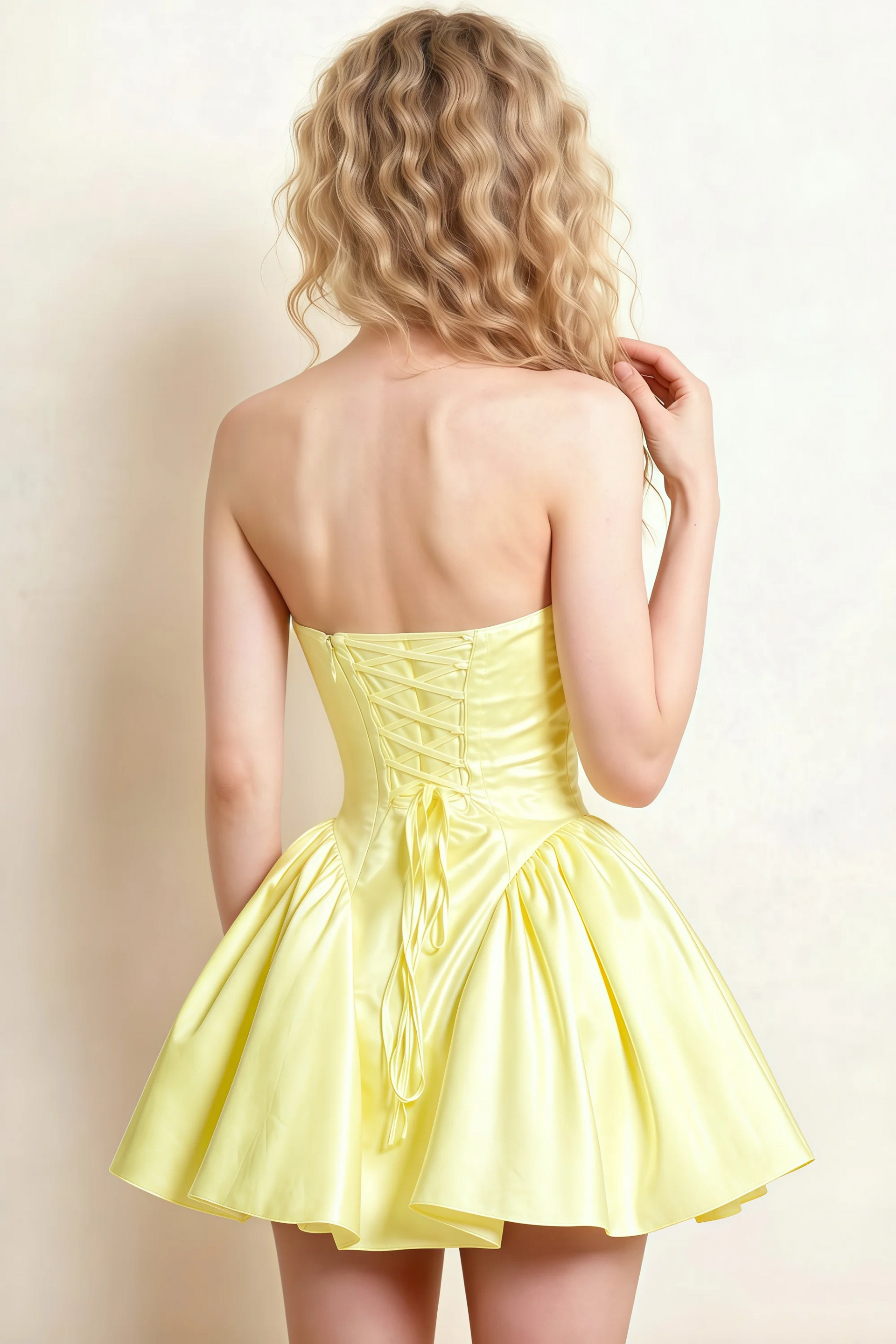 April Lemon Satin Strapless Lace-up Mini Dress with Bow