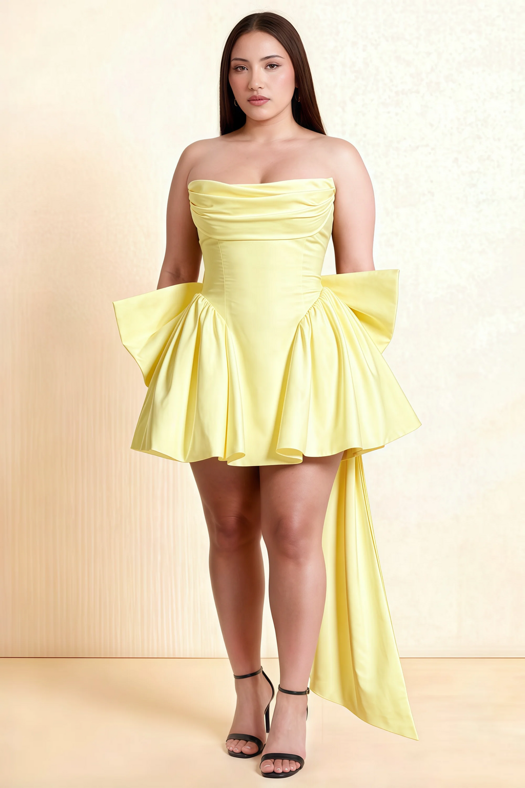 April Lemon Satin Strapless Lace-up Mini Dress with Bow