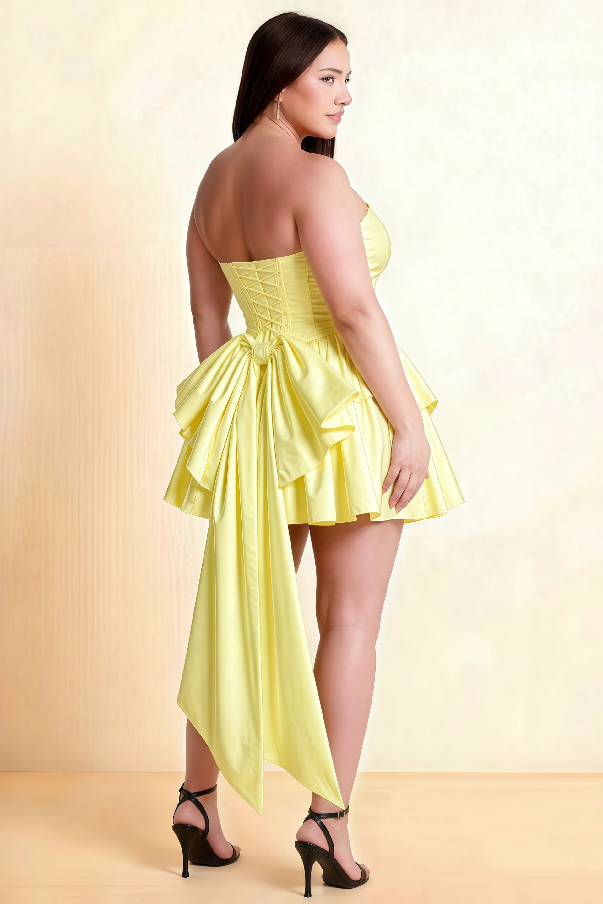 April Lemon Satin Strapless Lace-up Mini Dress with Bow