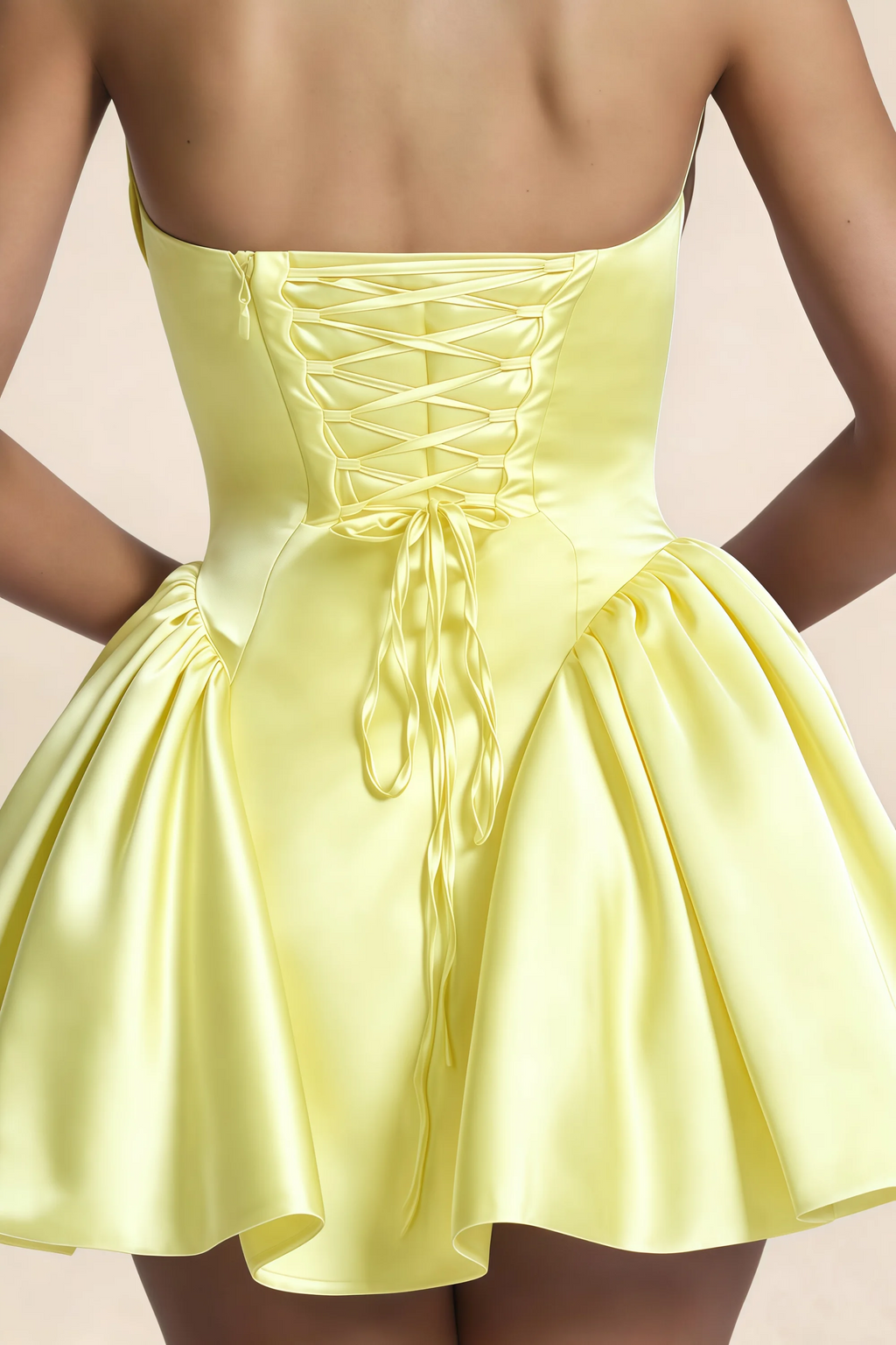 April Lemon Satin Strapless Lace-up Mini Dress with Bow