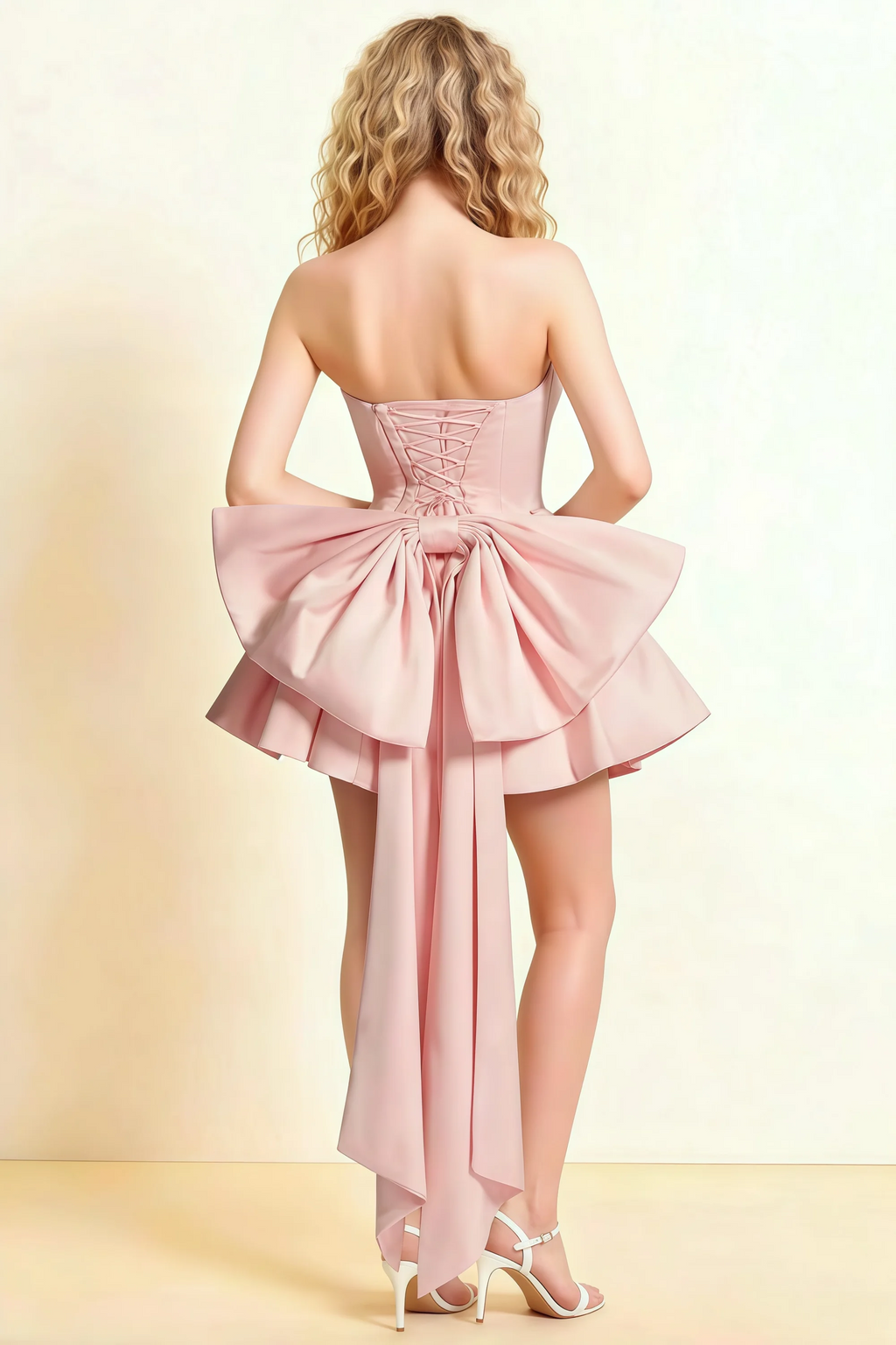 April Light Pink Satin Strapless Lace-up Mini Dress with Bow