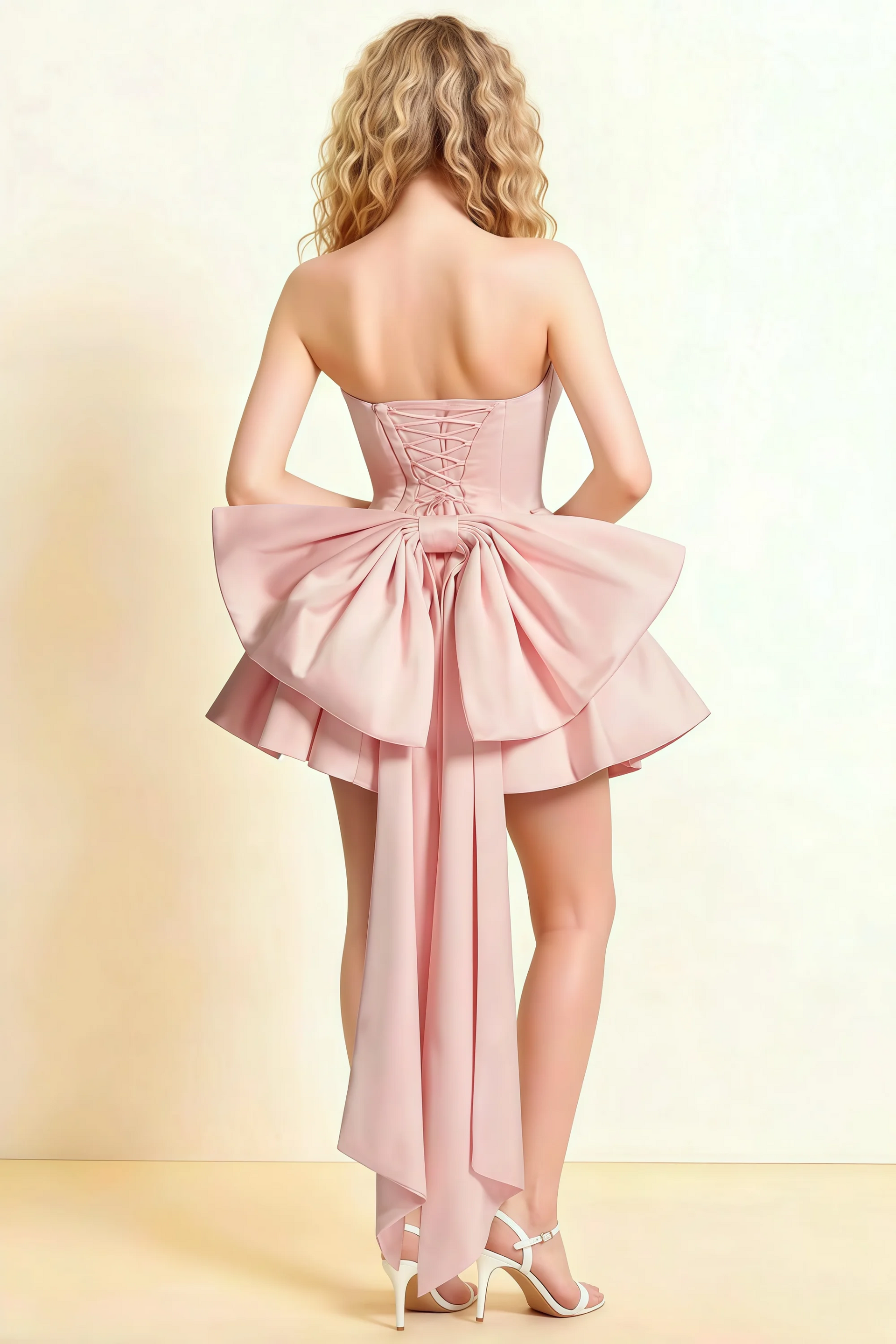 April Light Pink Satin Strapless Lace-up Mini Dress with Bow
