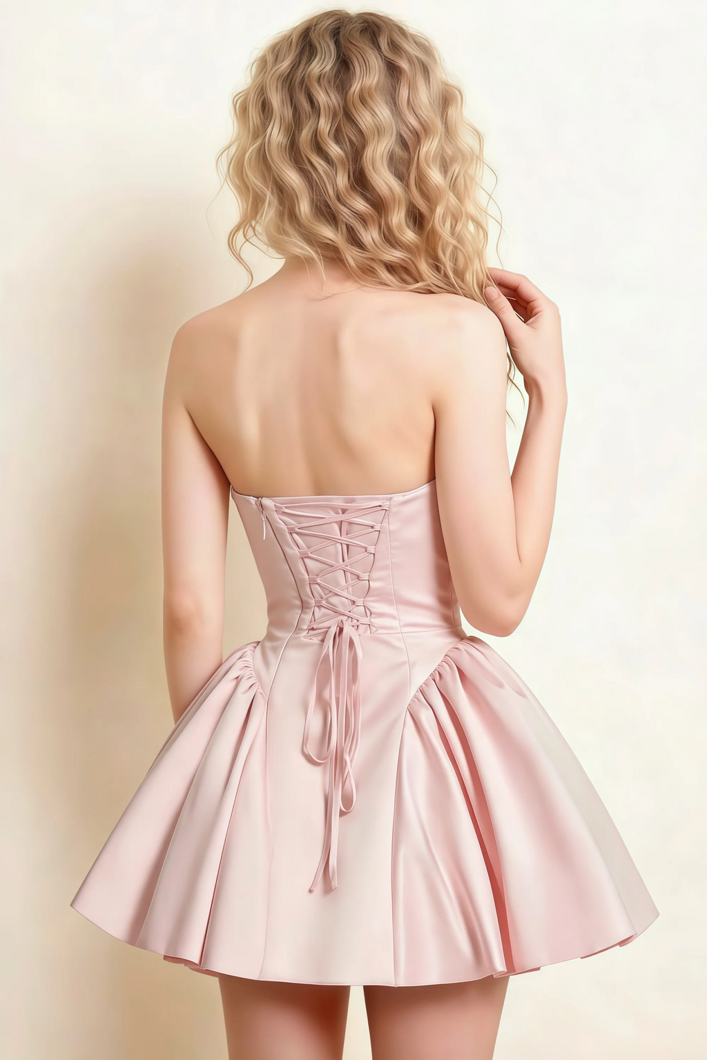 April Light Pink Satin Strapless Lace-up Mini Dress with Bow