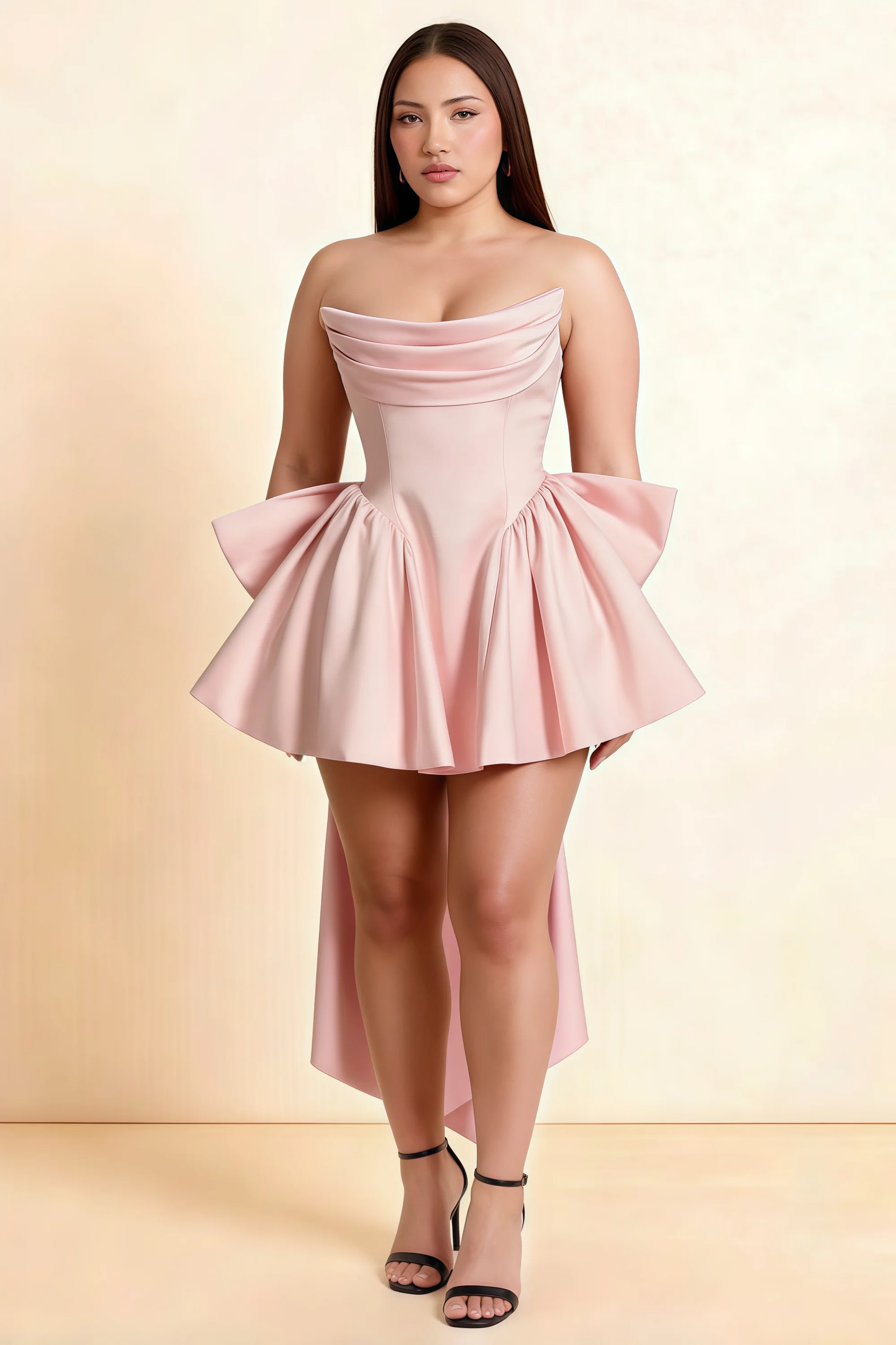 April Light Pink Satin Strapless Lace-up Mini Dress with Bow
