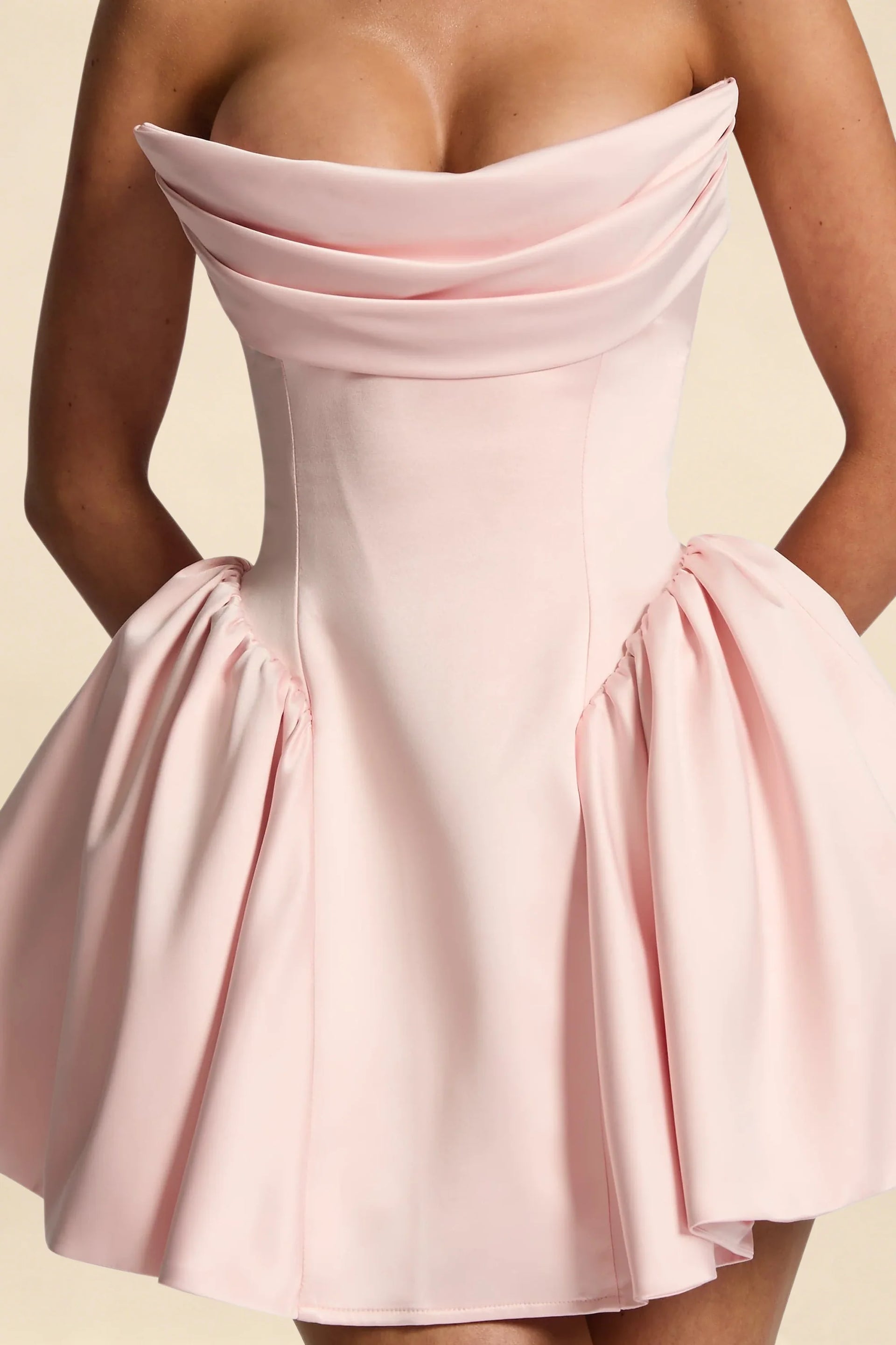 April Light Pink Satin Strapless Lace-up Mini Dress with Bow