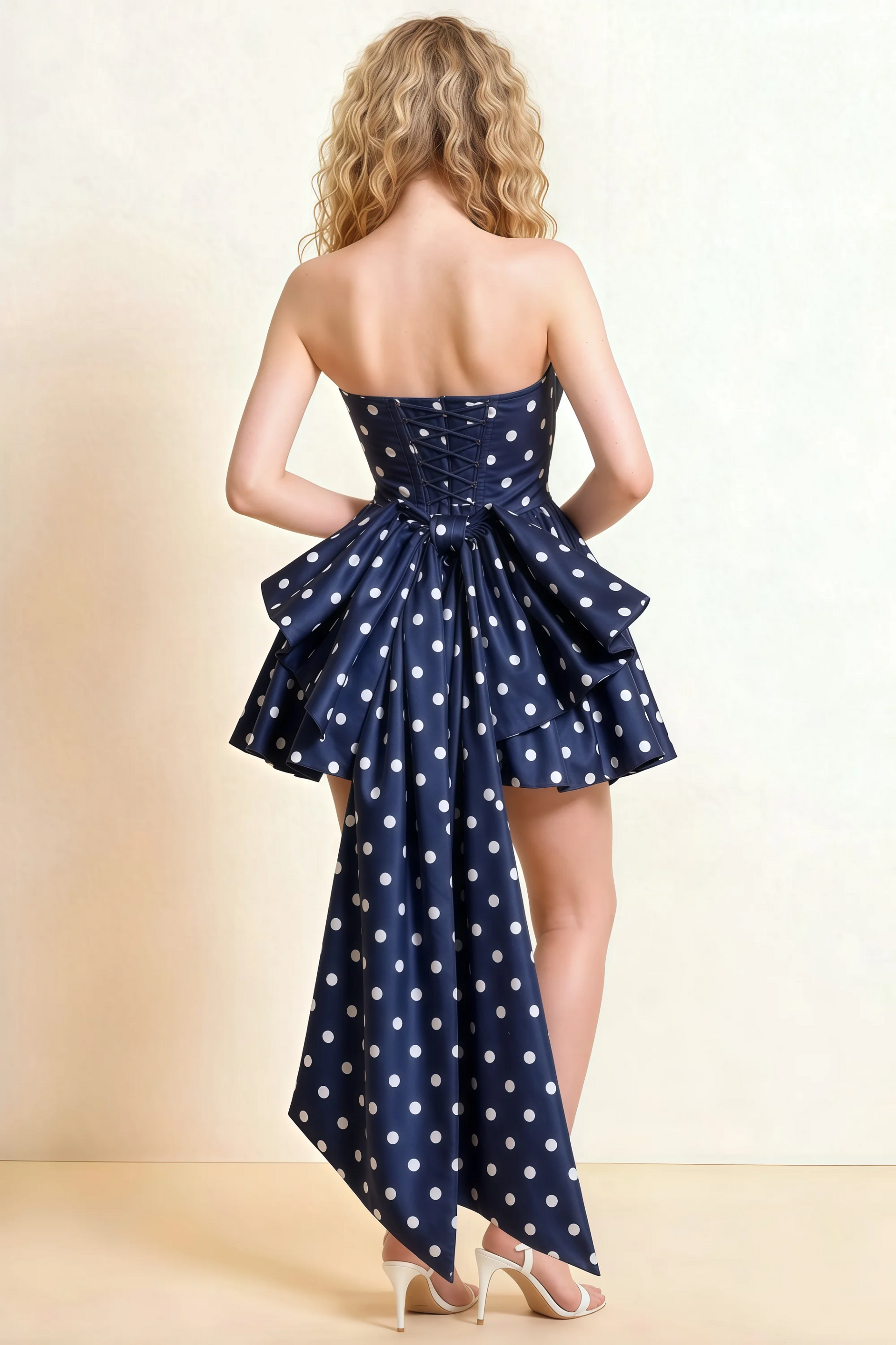 April Navy Polka Dot Satin Strapless Lace-up Mini Dress with Bow