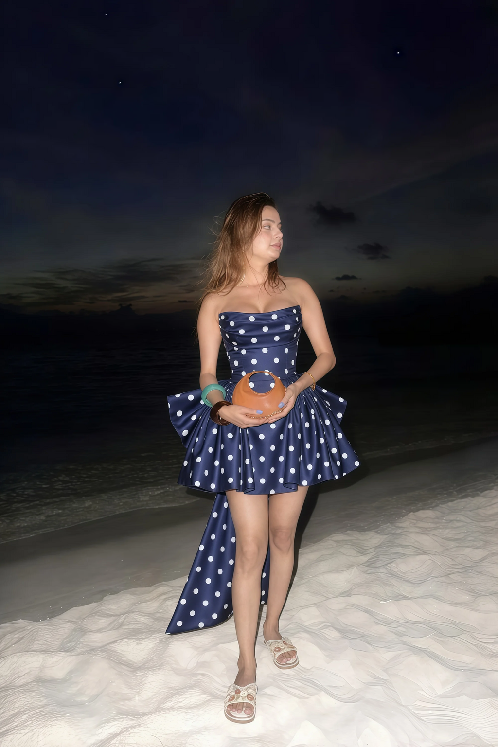 April Navy Polka Dot Satin Strapless Lace-up Mini Dress with Bow