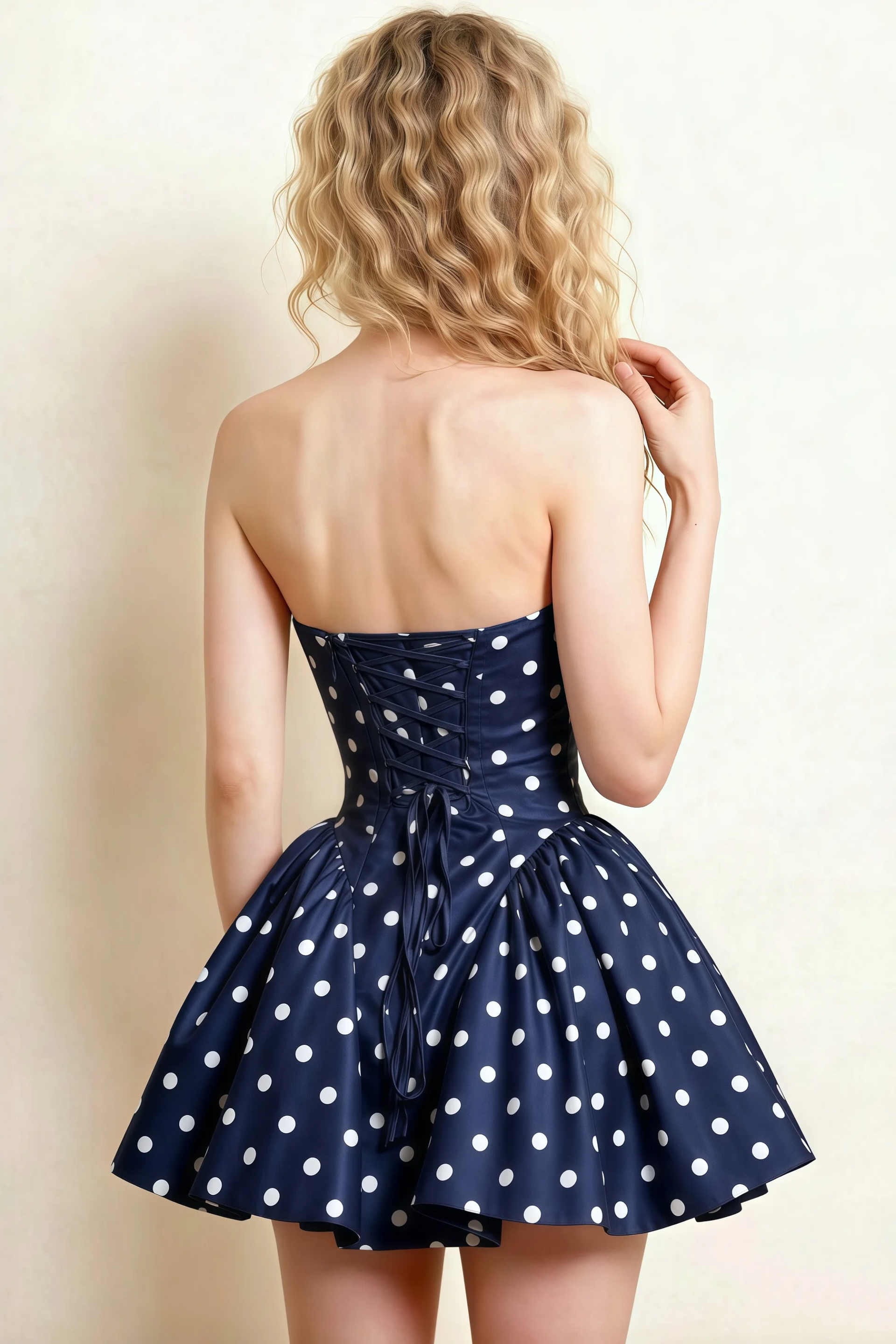April Navy Polka Dot Satin Strapless Lace-up Mini Dress with Bow