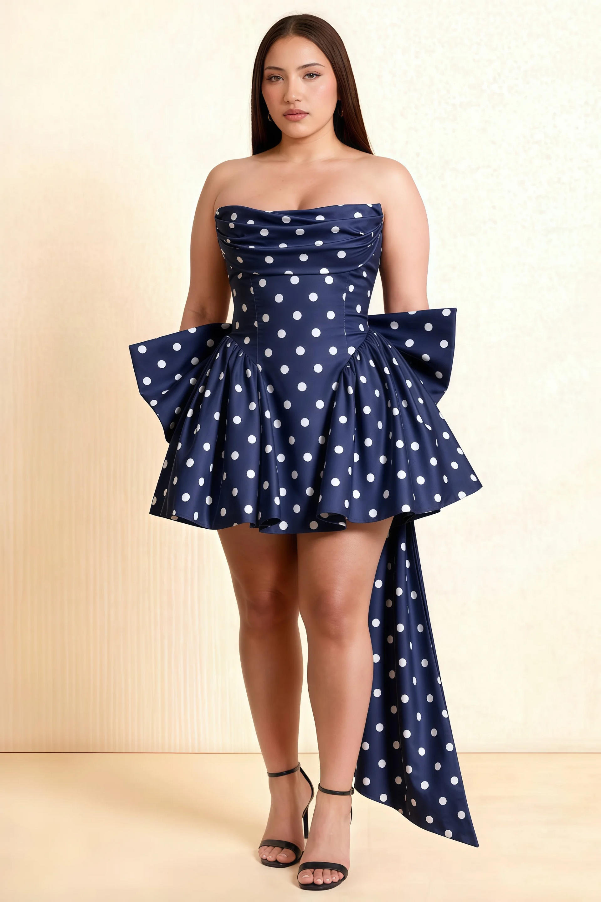 April Navy Polka Dot Satin Strapless Lace-up Mini Dress with Bow