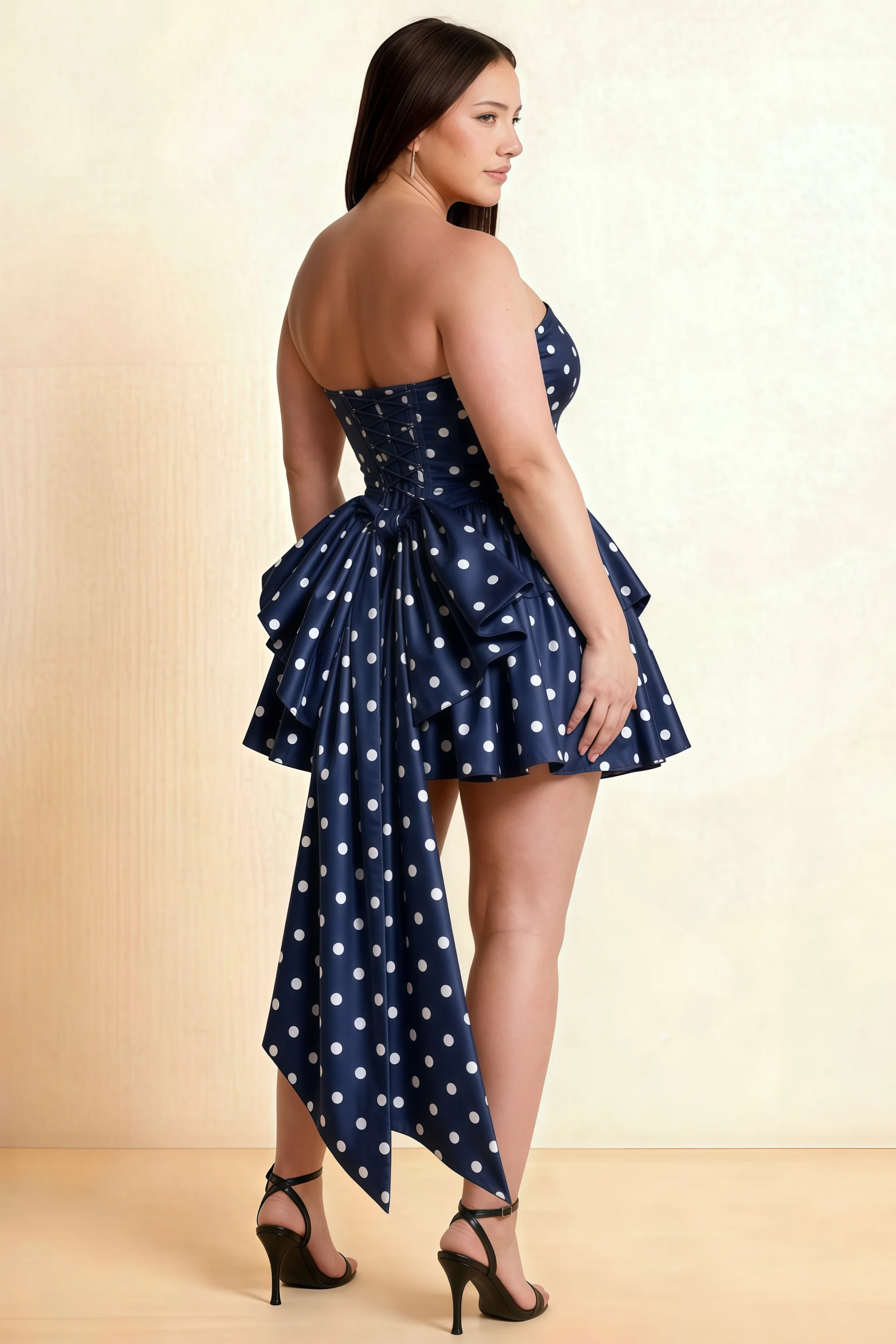 April Navy Polka Dot Satin Strapless Lace-up Mini Dress with Bow
