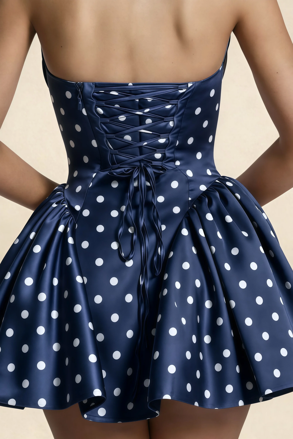 April Navy Polka Dot Satin Strapless Lace-up Mini Dress with Bow