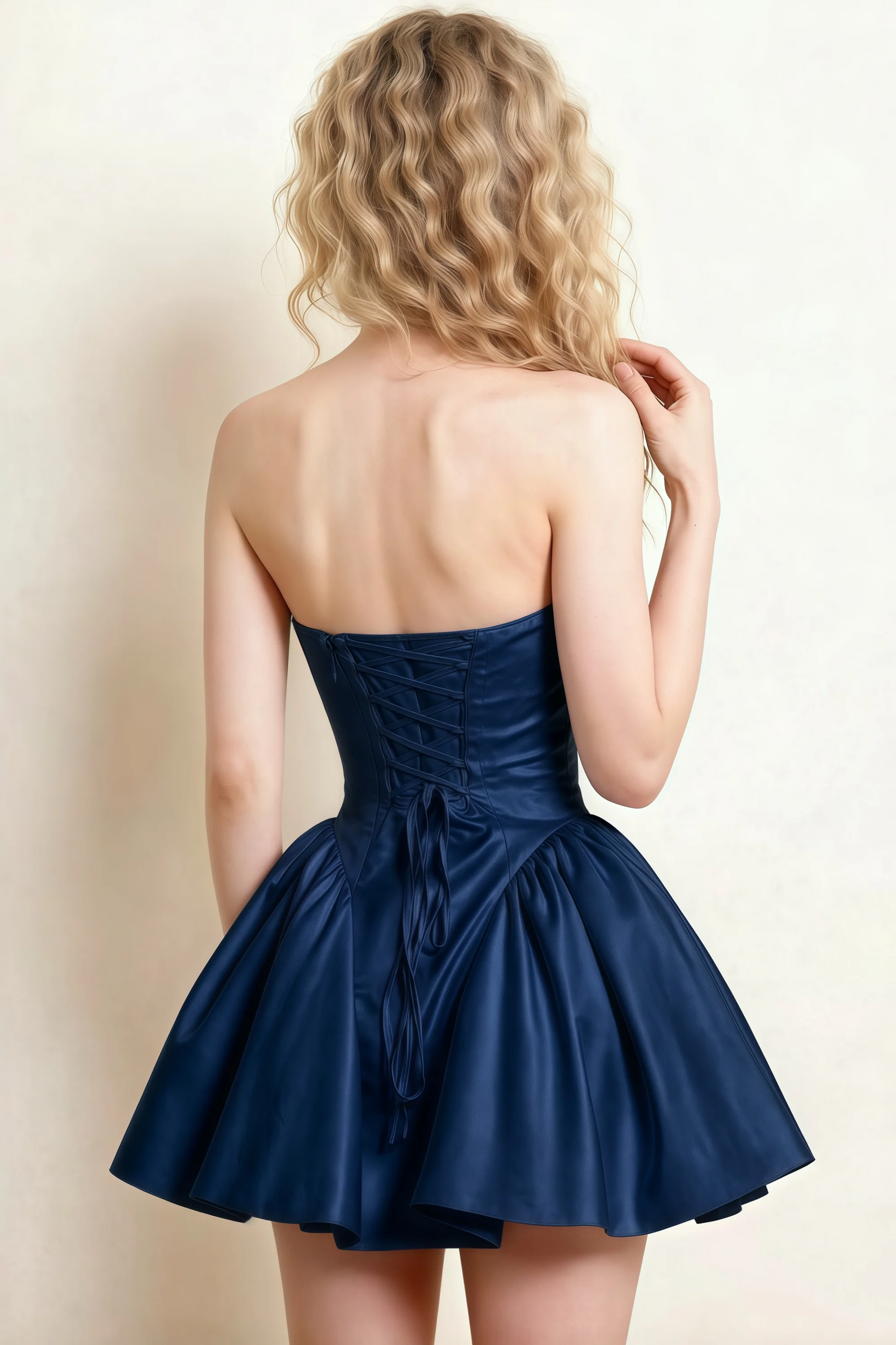 April Navy Satin Strapless Lace-up Mini Dress with Bow