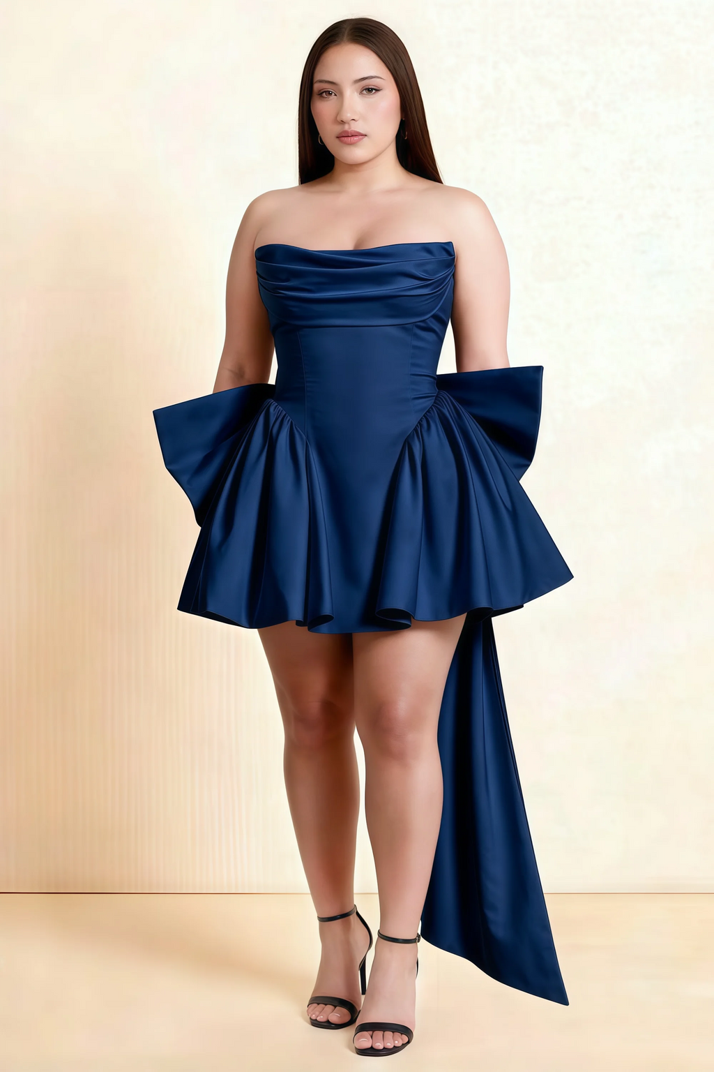 April Navy Satin Strapless Lace-up Mini Dress with Bow
