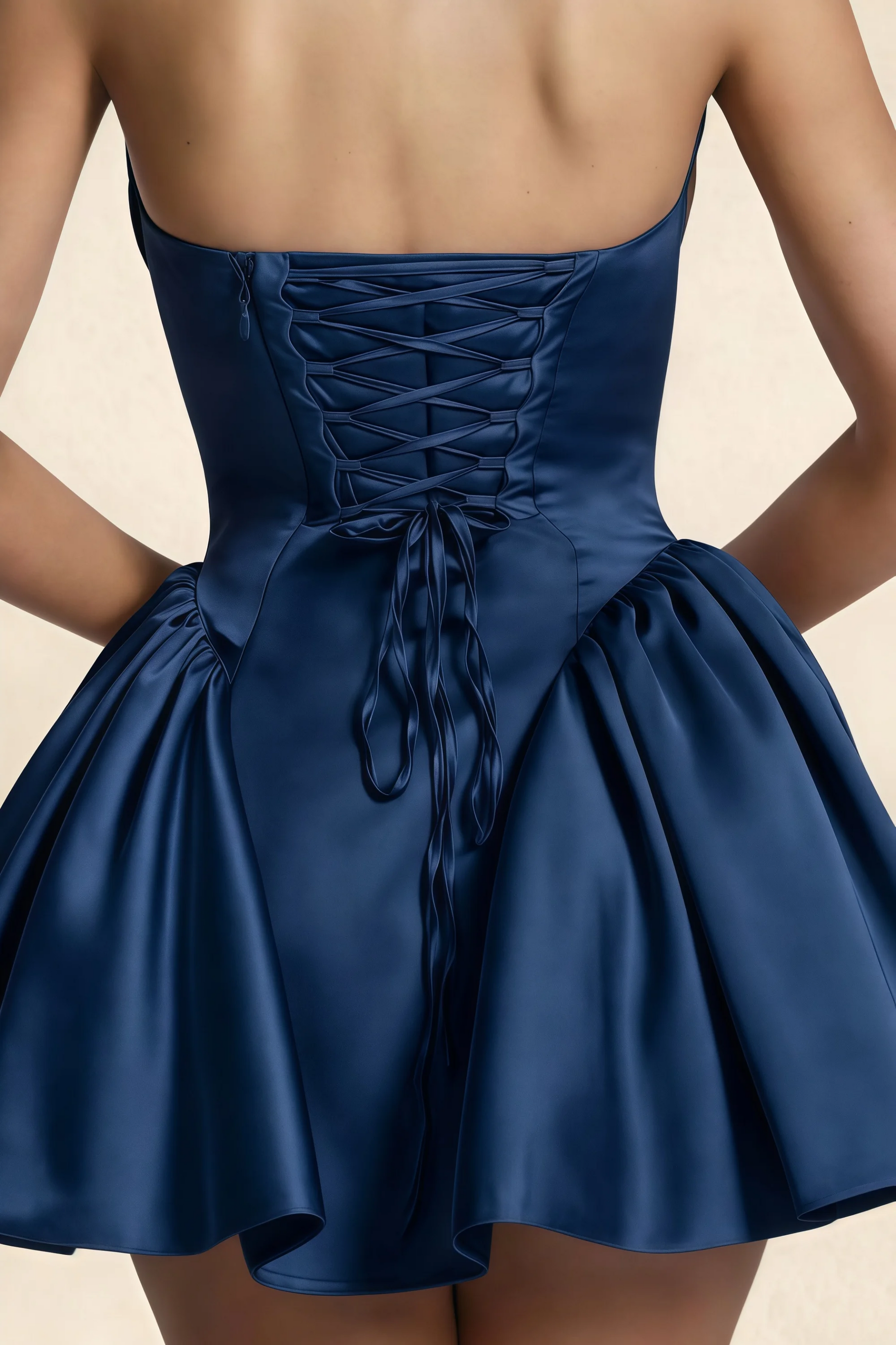 April Navy Satin Strapless Lace-up Mini Dress with Bow