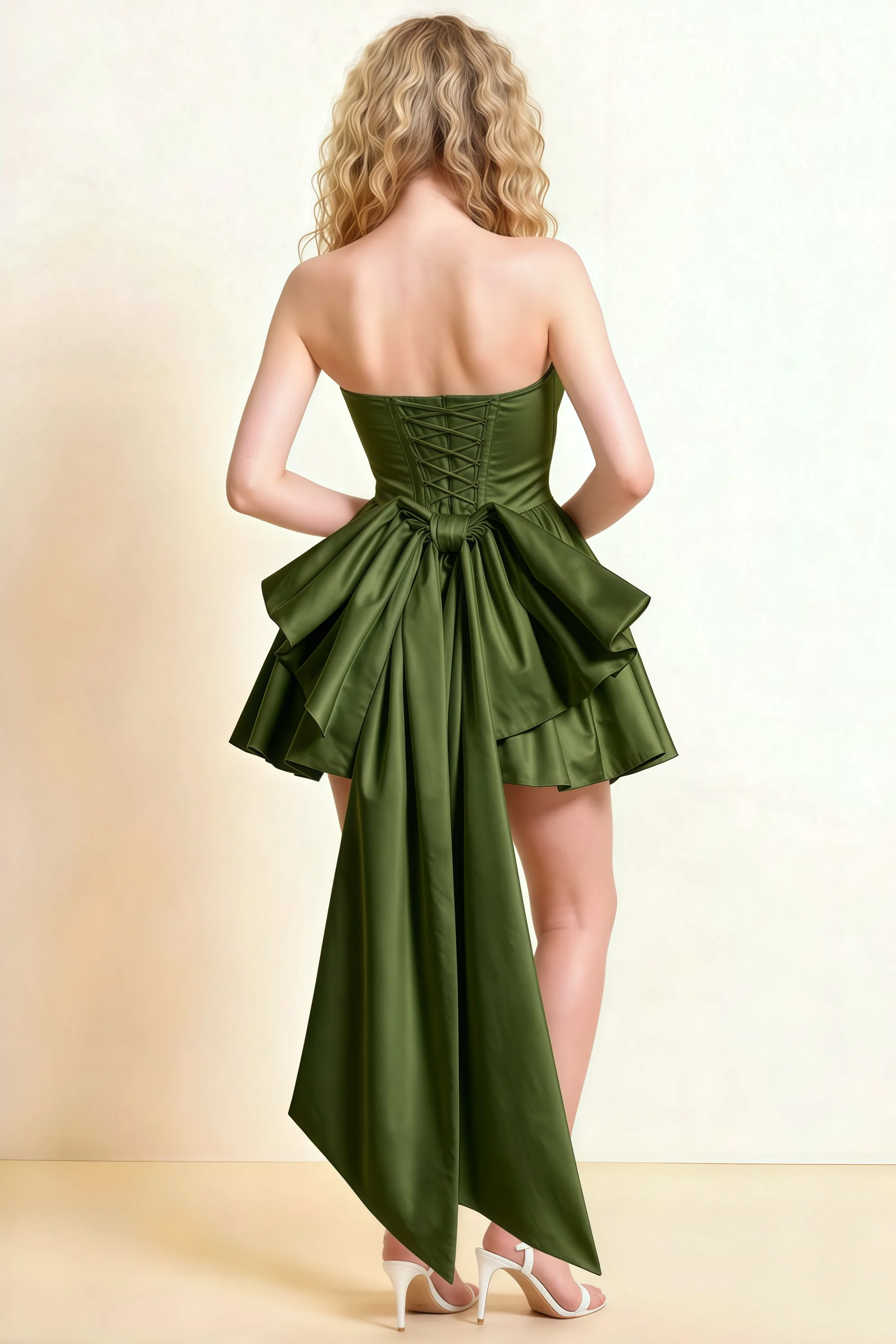 April Olive Satin Strapless Lace-up Mini Dress with Bow