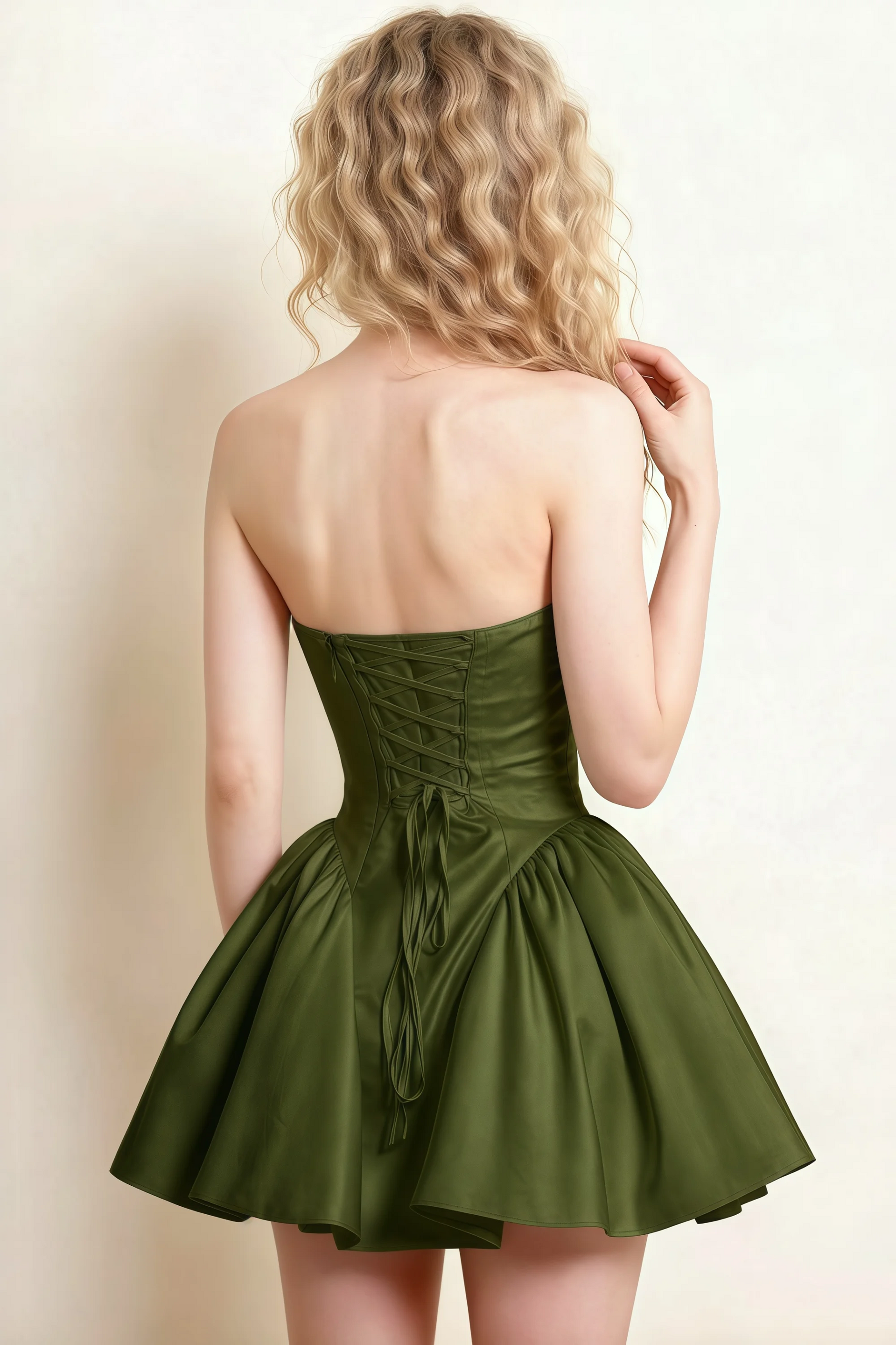 April Olive Satin Strapless Lace-up Mini Dress with Bow