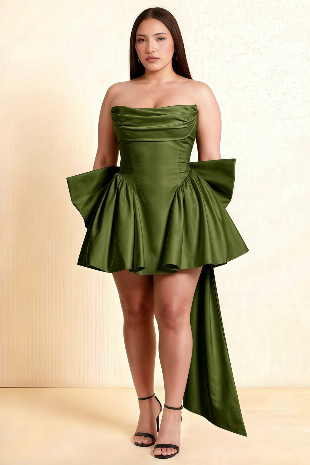 April Olive Satin Strapless Lace-up Mini Dress with Bow