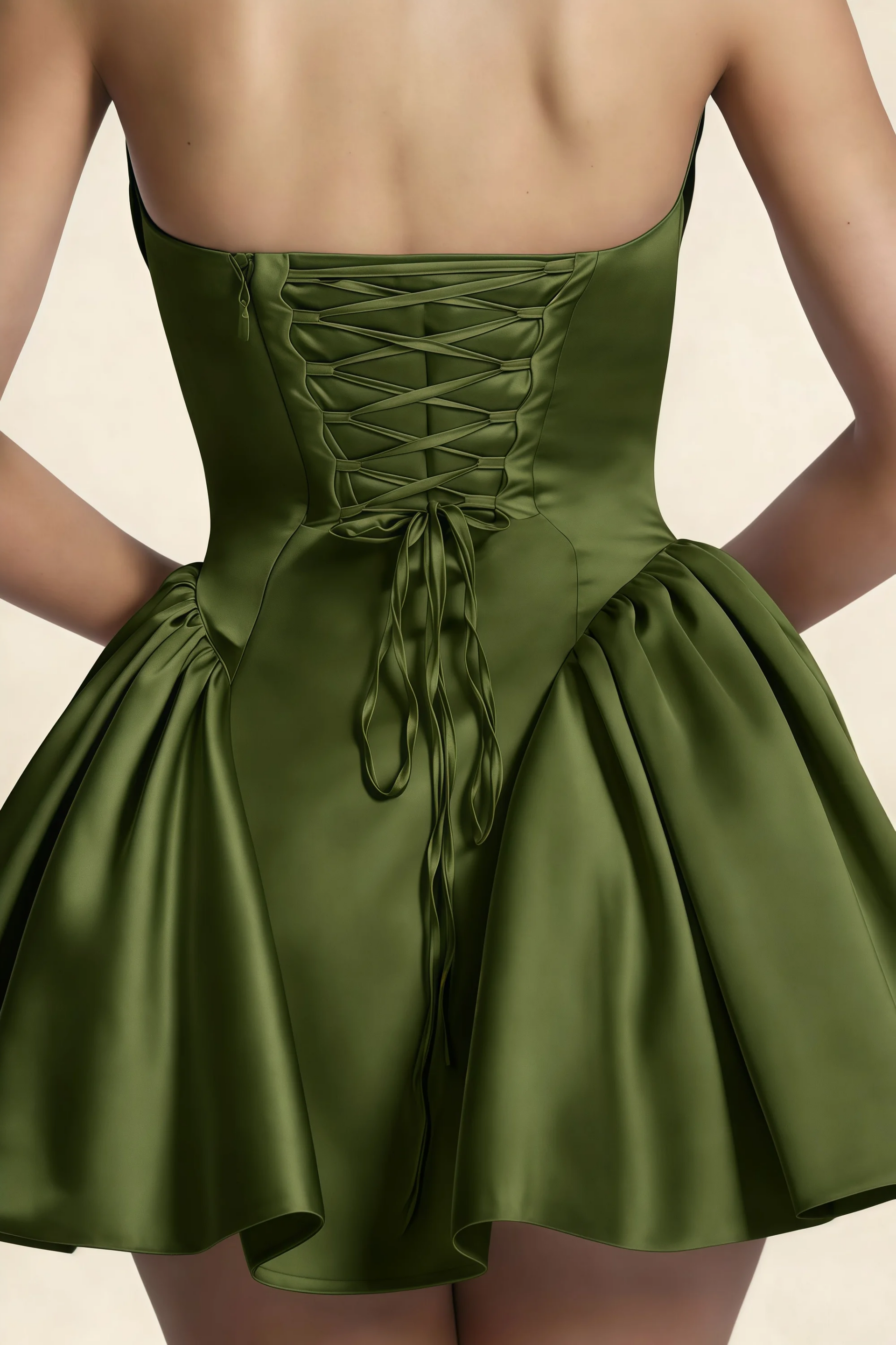 April Olive Satin Strapless Lace-up Mini Dress with Bow