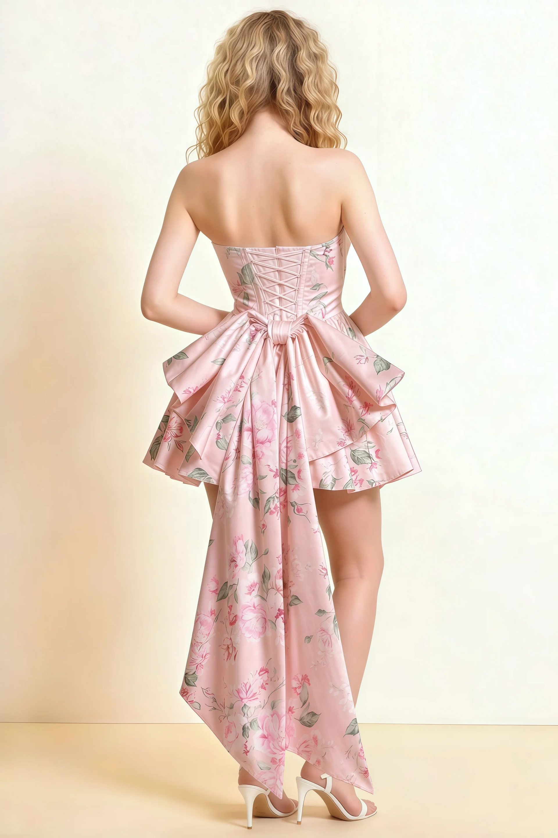 April Pink Floral Satin Strapless Lace-up Mini Dress with Bow
