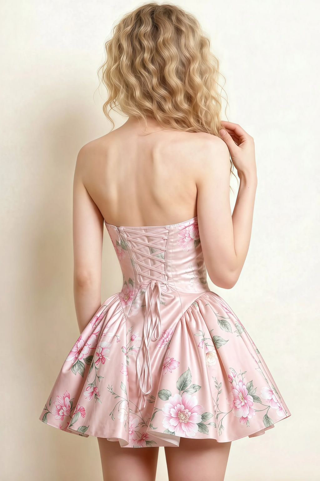 April Pink Floral Satin Strapless Lace-up Mini Dress with Bow