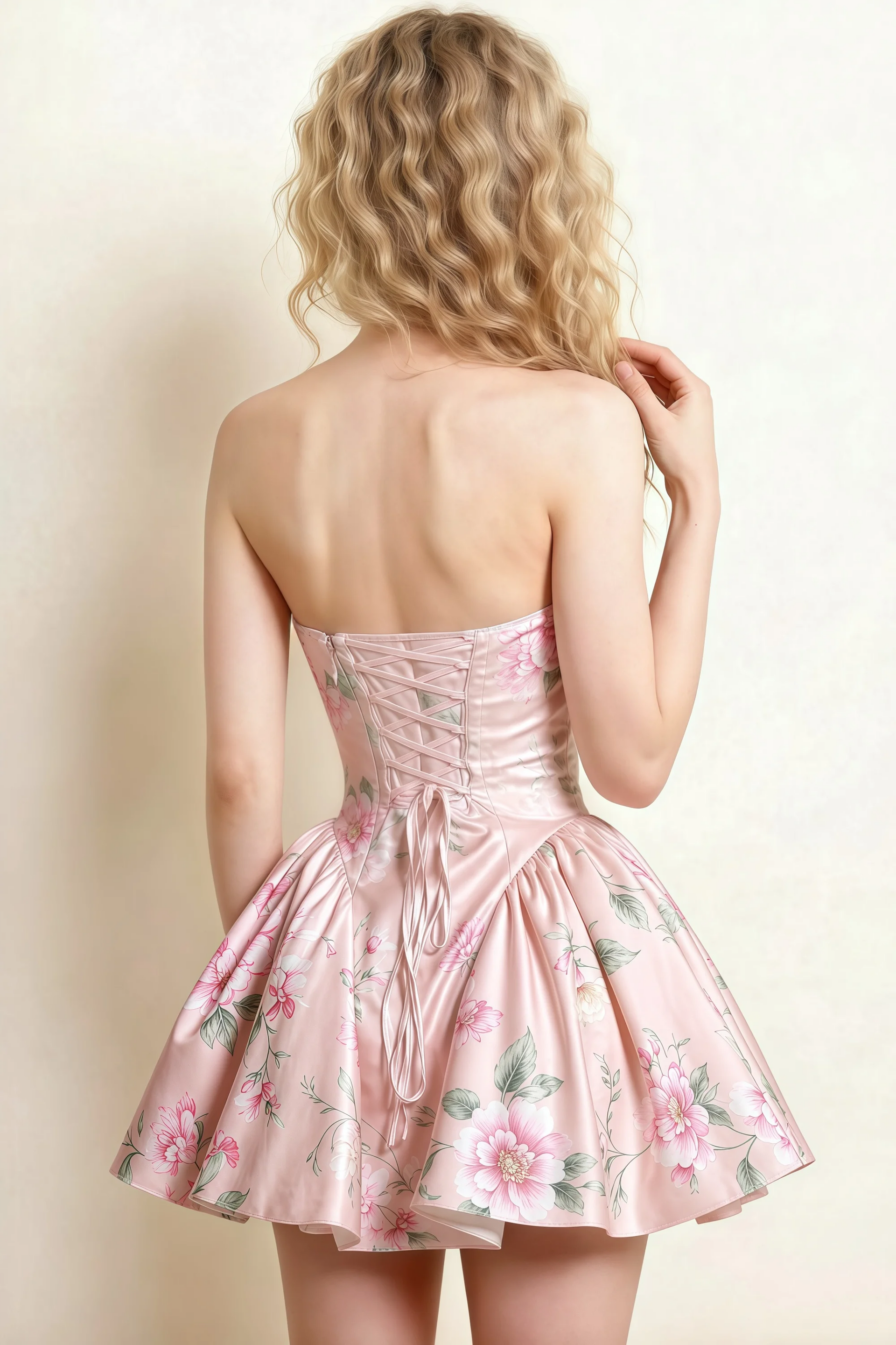 April Pink Floral Satin Strapless Lace-up Mini Dress with Bow