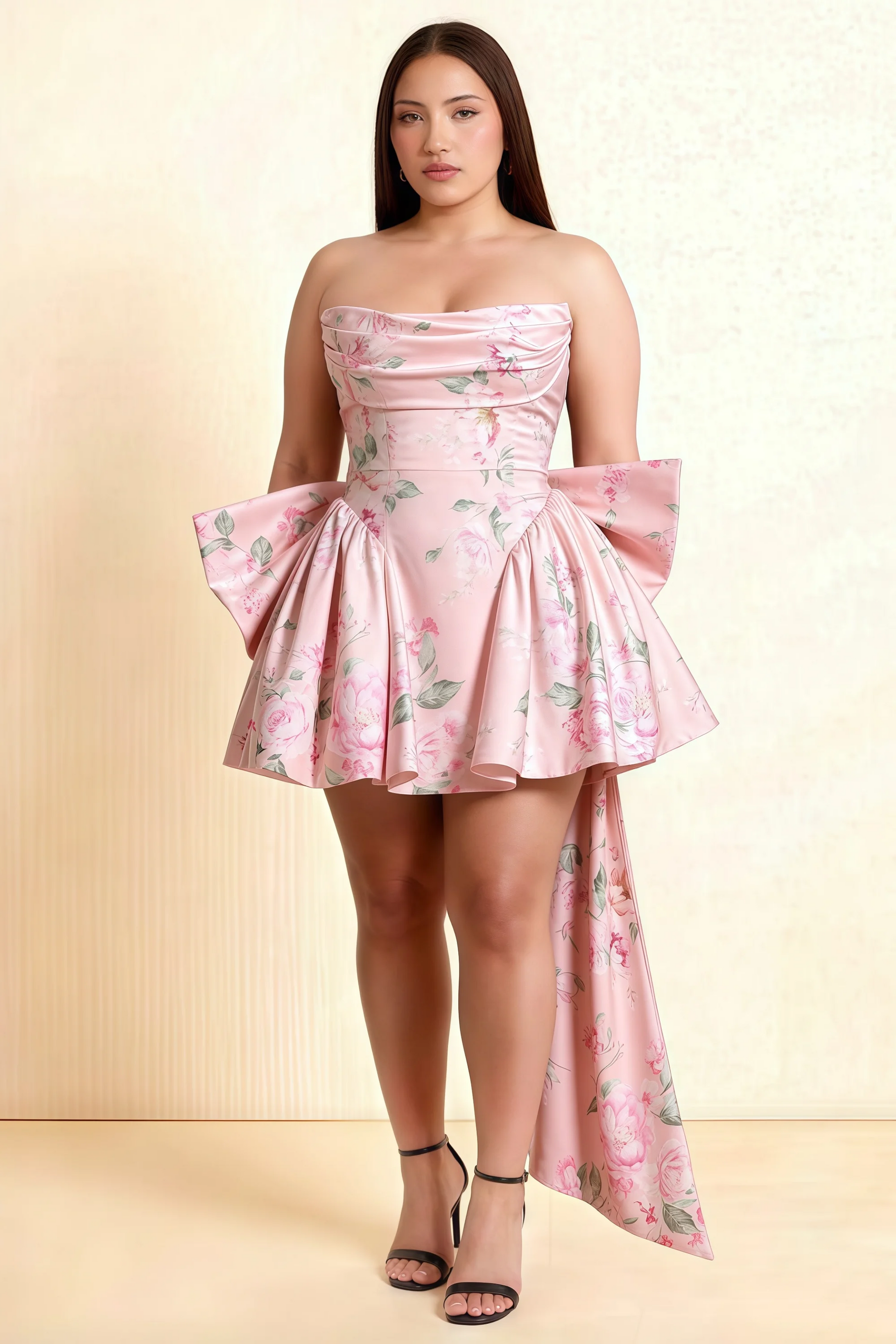April Pink Floral Satin Strapless Lace-up Mini Dress with Bow