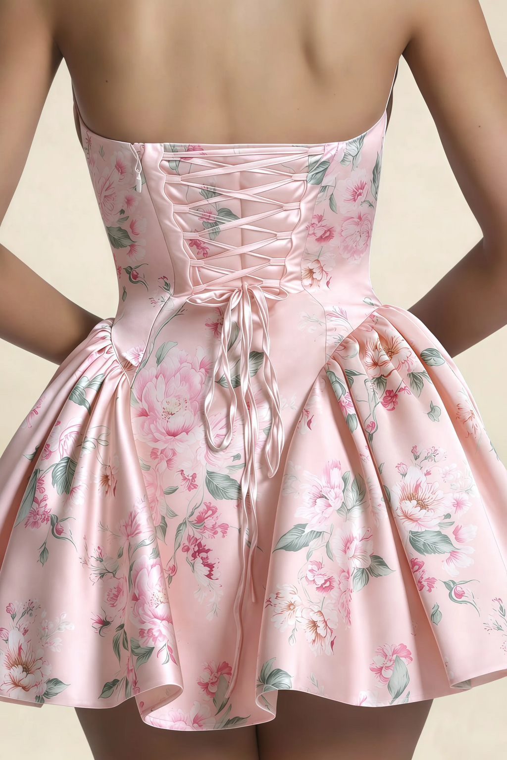 April Pink Floral Satin Strapless Lace-up Mini Dress with Bow