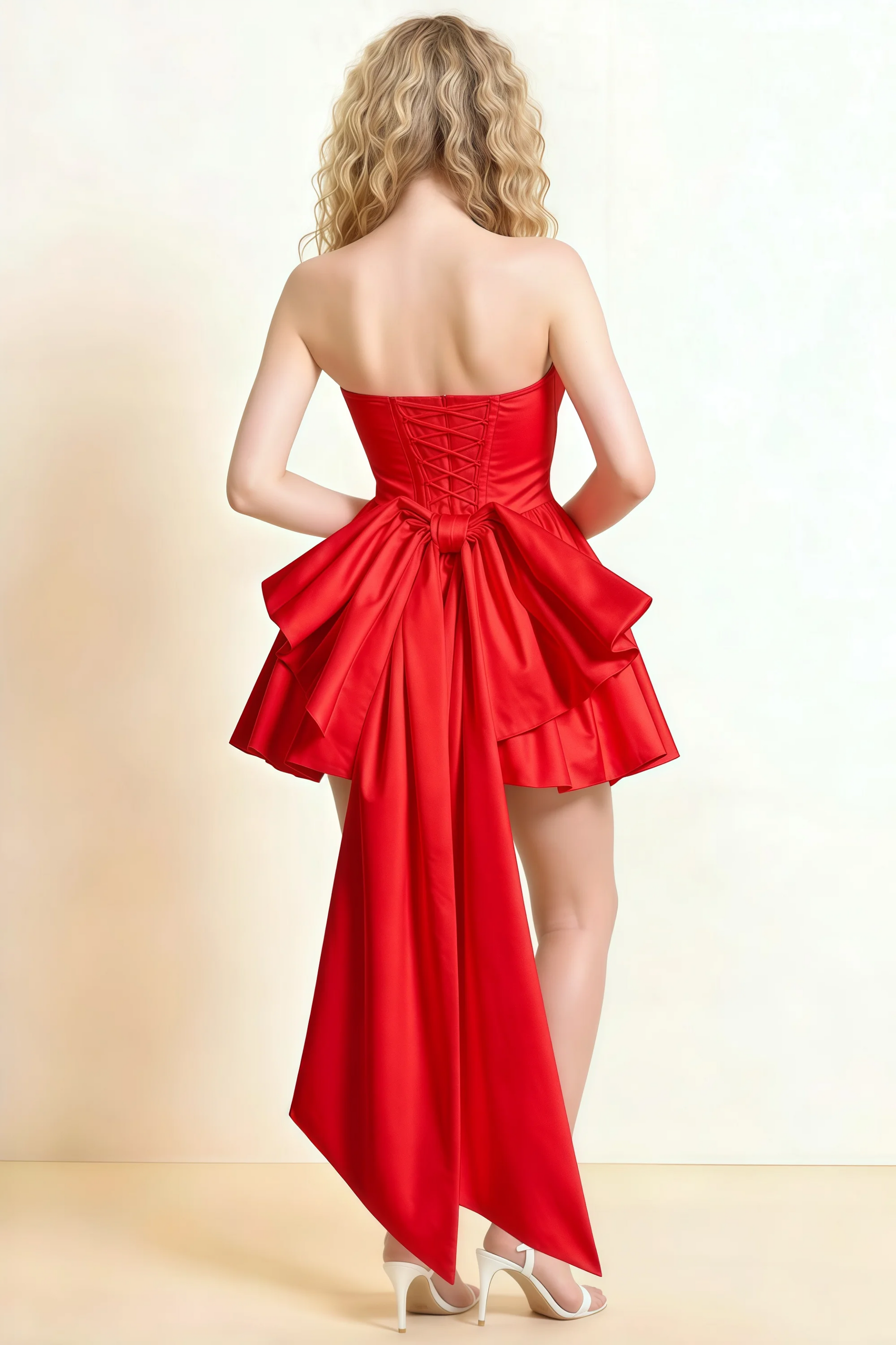 April Red Satin Strapless Lace-up Mini Dress with Bow
